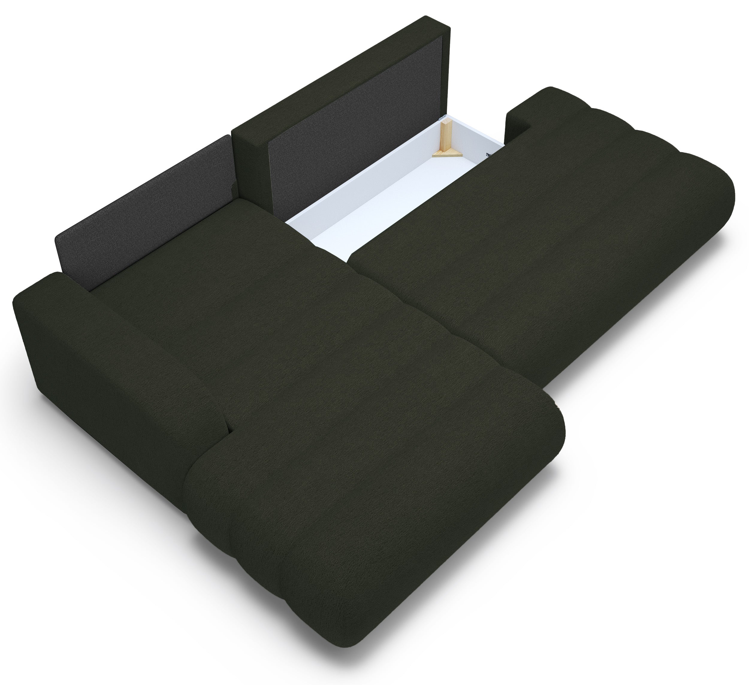 Ecksofa mit Schlaffunktion Arione, L-förmig, linksseitig, mit Stauraum, grüner Chenille-Bezug