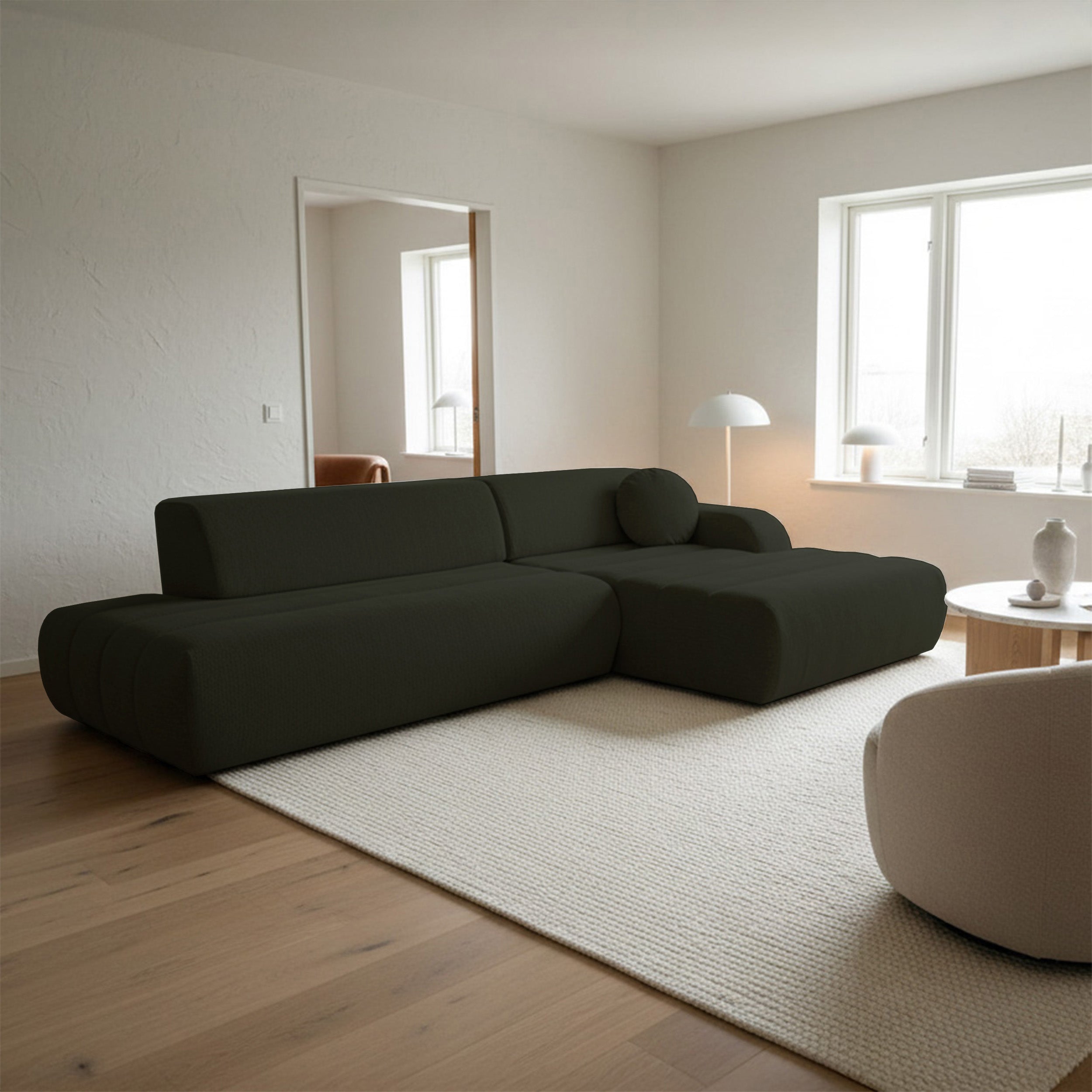 Ecksofa mit Schlaffunktion Arione, L-förmig, rechtsseitig, mit Stauraum, grüner Chenille-Bezug
