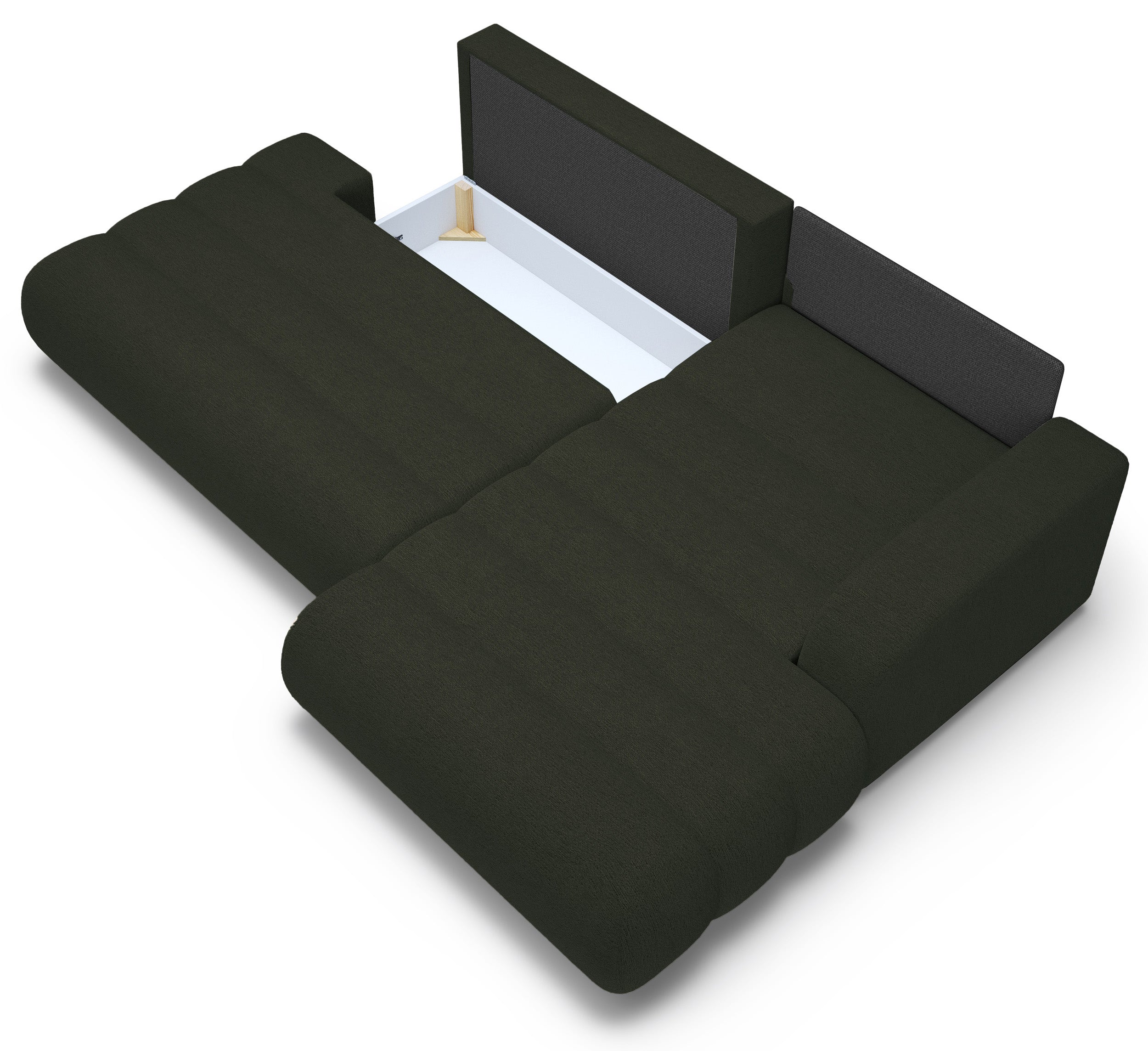 Ecksofa mit Schlaffunktion Arione, L-förmig, rechtsseitig, mit Stauraum, grüner Chenille-Bezug