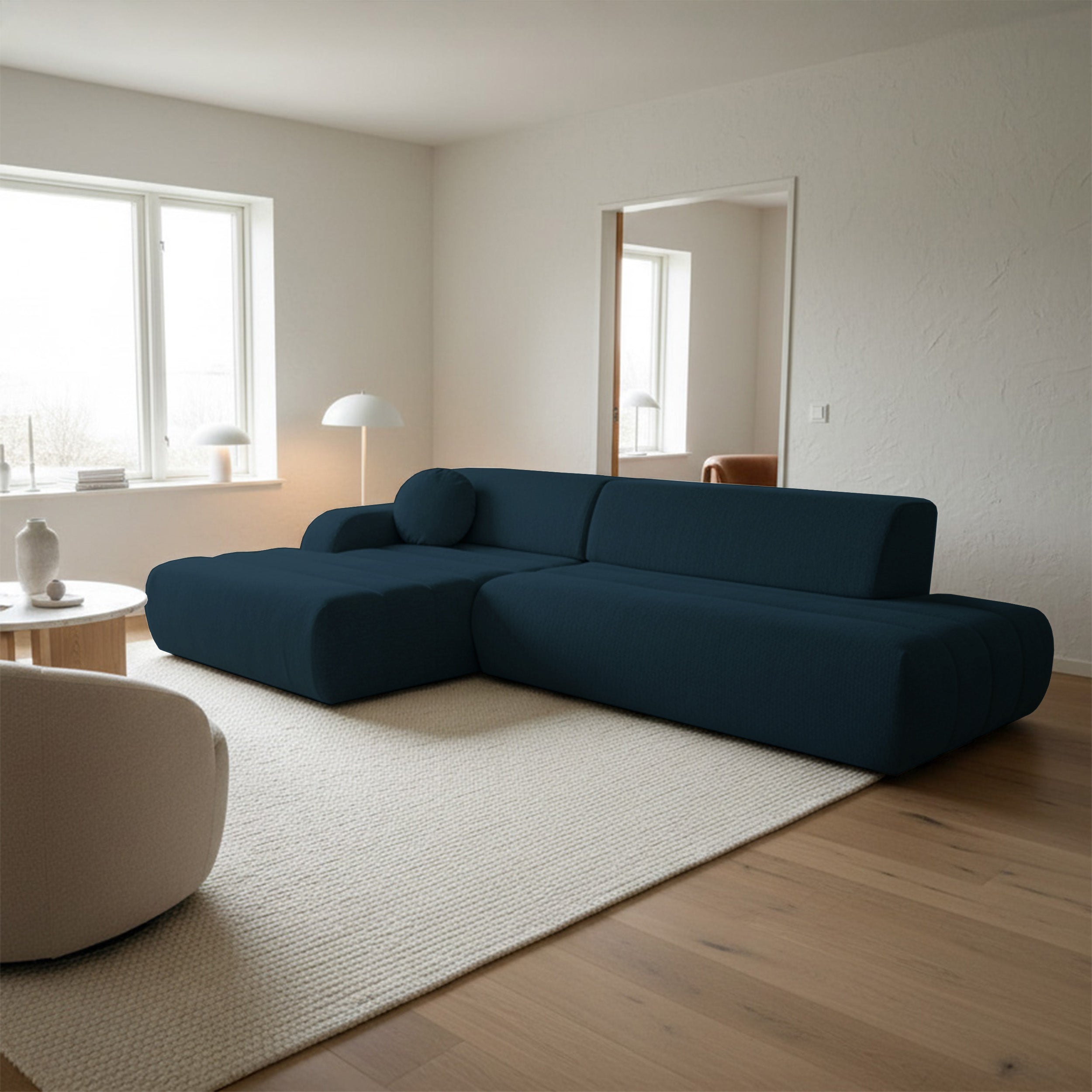 Ecksofa mit Schlafunktion Arione, L-förmig, linksseitig, mit Stauraum, blauer Chenille-Bezug