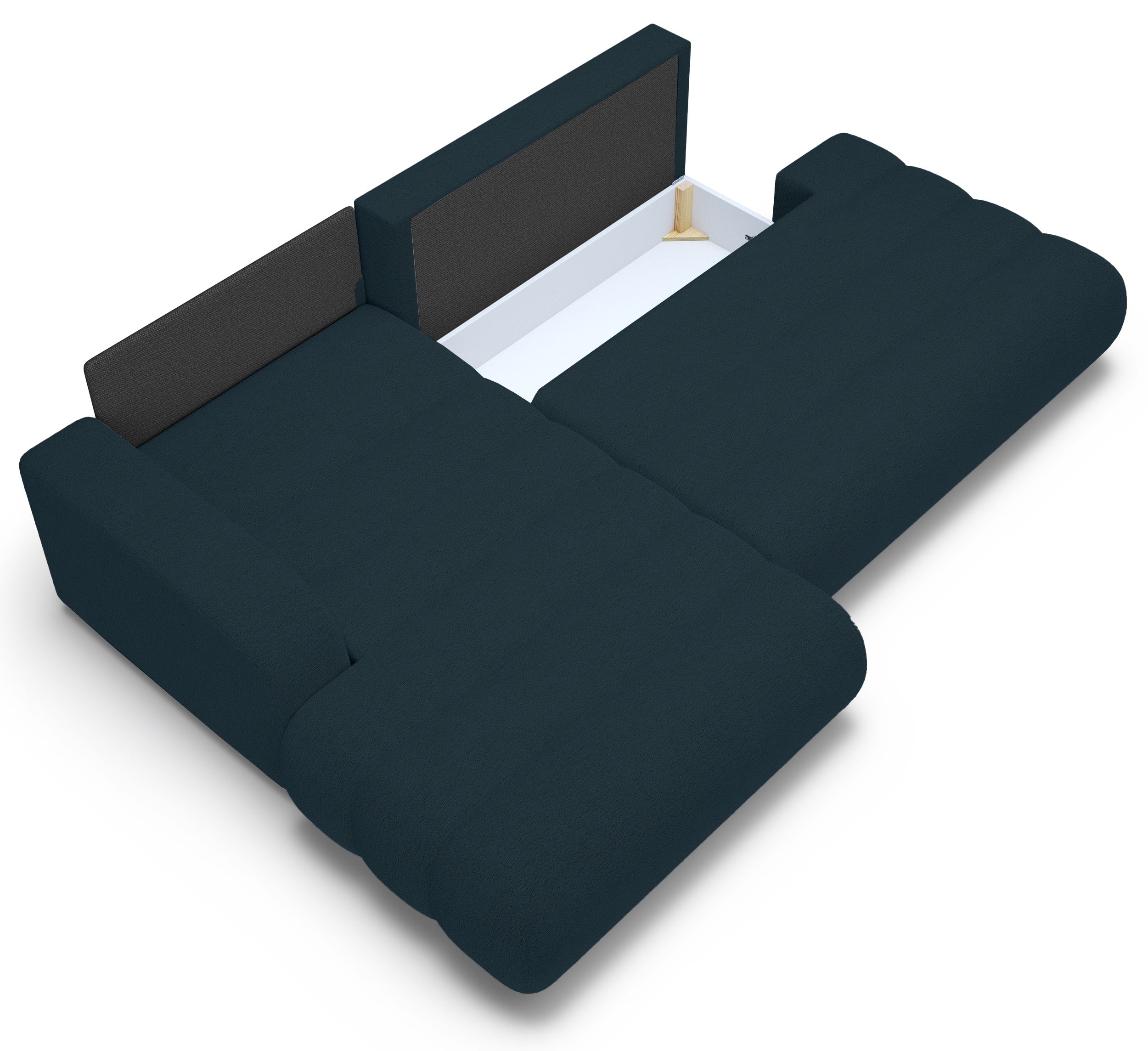 Ecksofa mit Schlafunktion Arione, L-förmig, linksseitig, mit Stauraum, blauer Chenille-Bezug