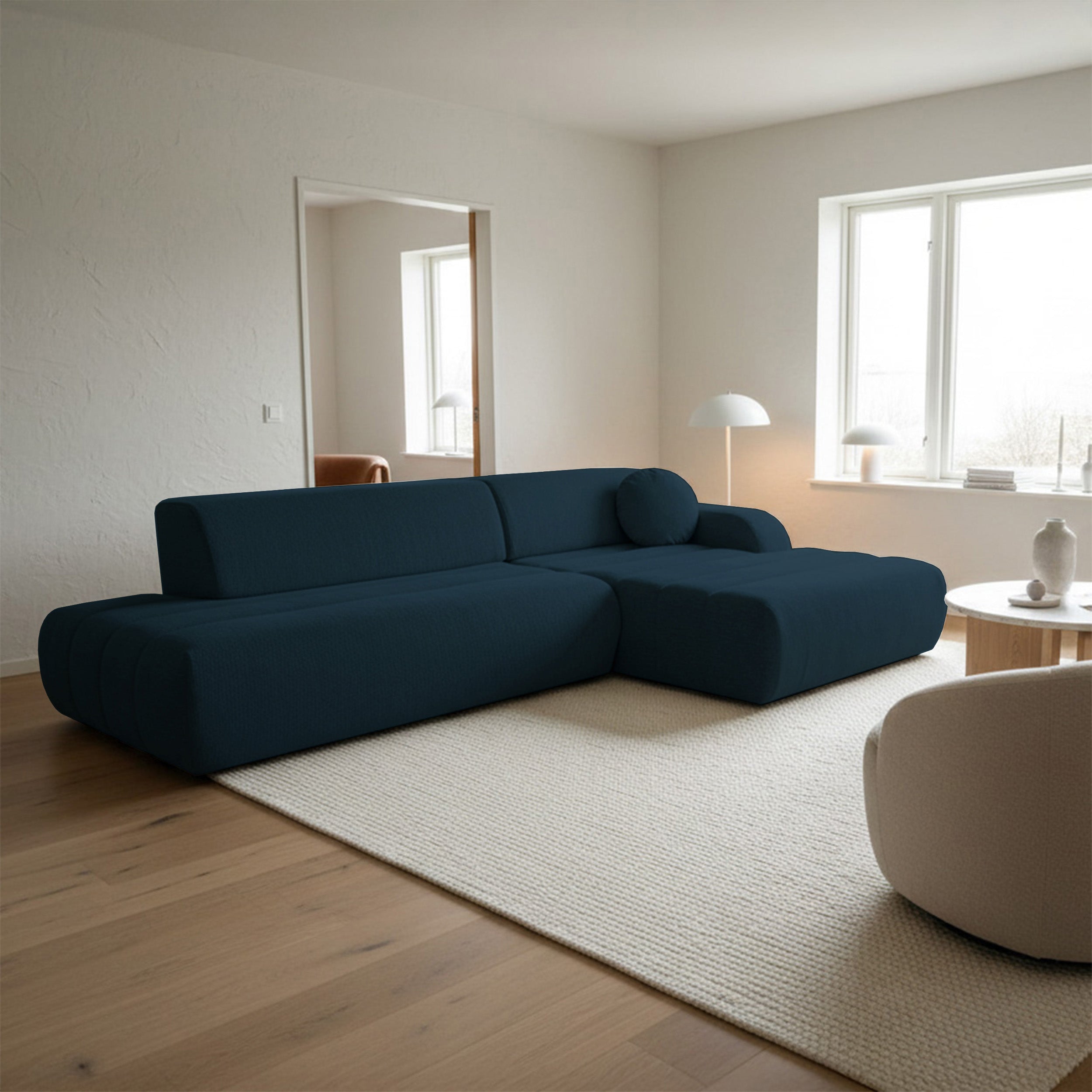 Ecksofa mit Schlaffunktion Arione, L-förmig, rechtsseitig, mit Stauraum, blauer Chenille-Bezug