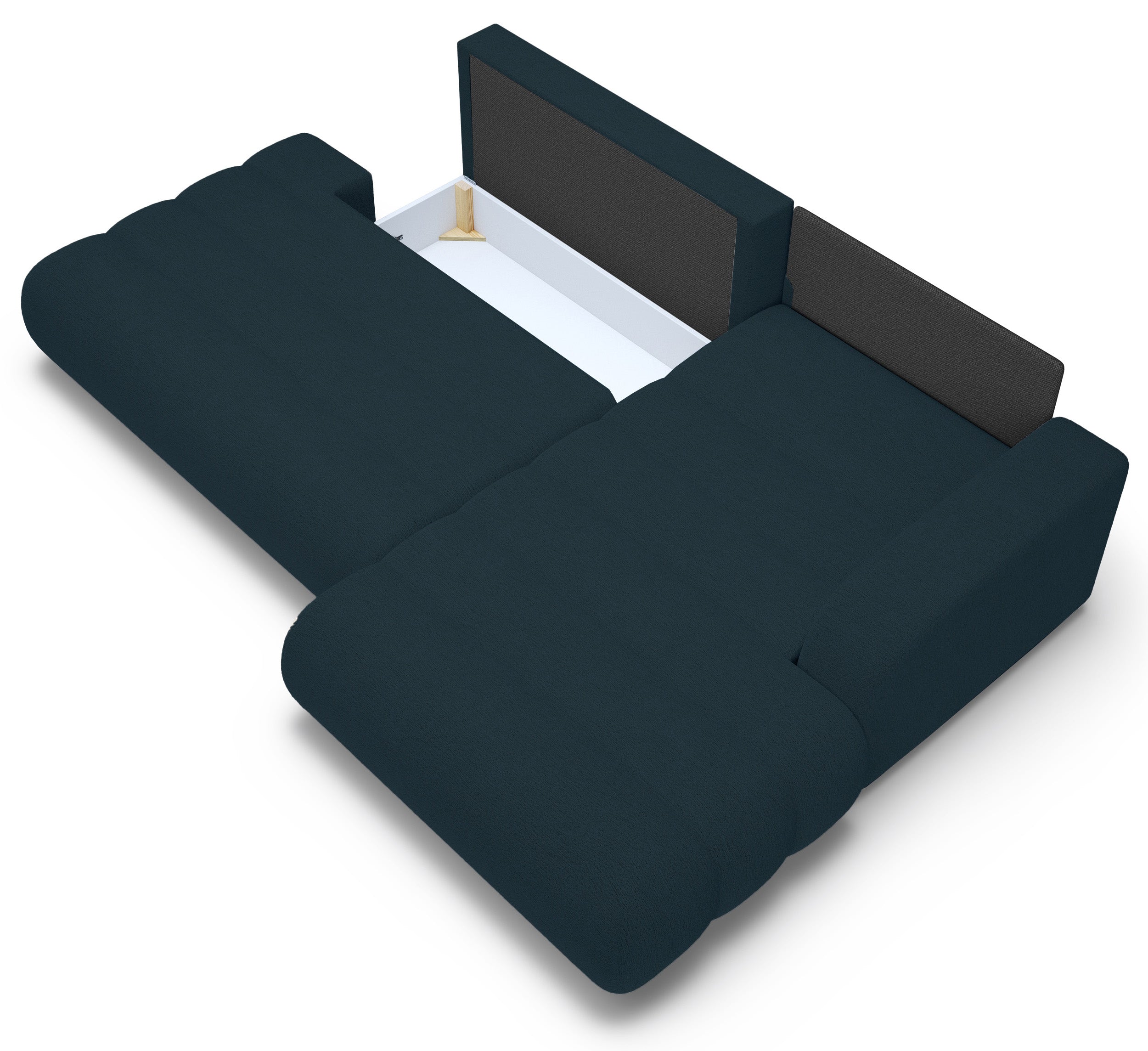 Ecksofa mit Schlaffunktion Arione, L-förmig, rechtsseitig, mit Stauraum, blauer Chenille-Bezug