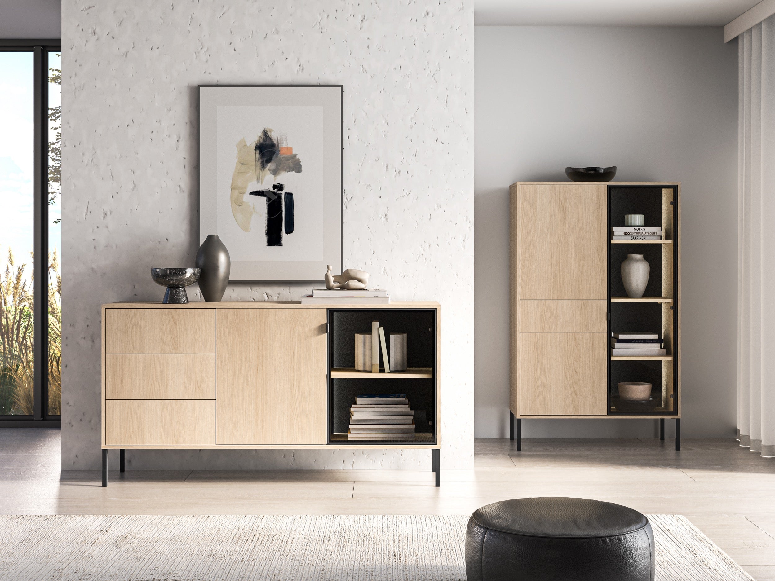 Zweiturige Kommode Barnee mit Schubladen und Beleuchtung, 160 cm, Lindberg-Eiche