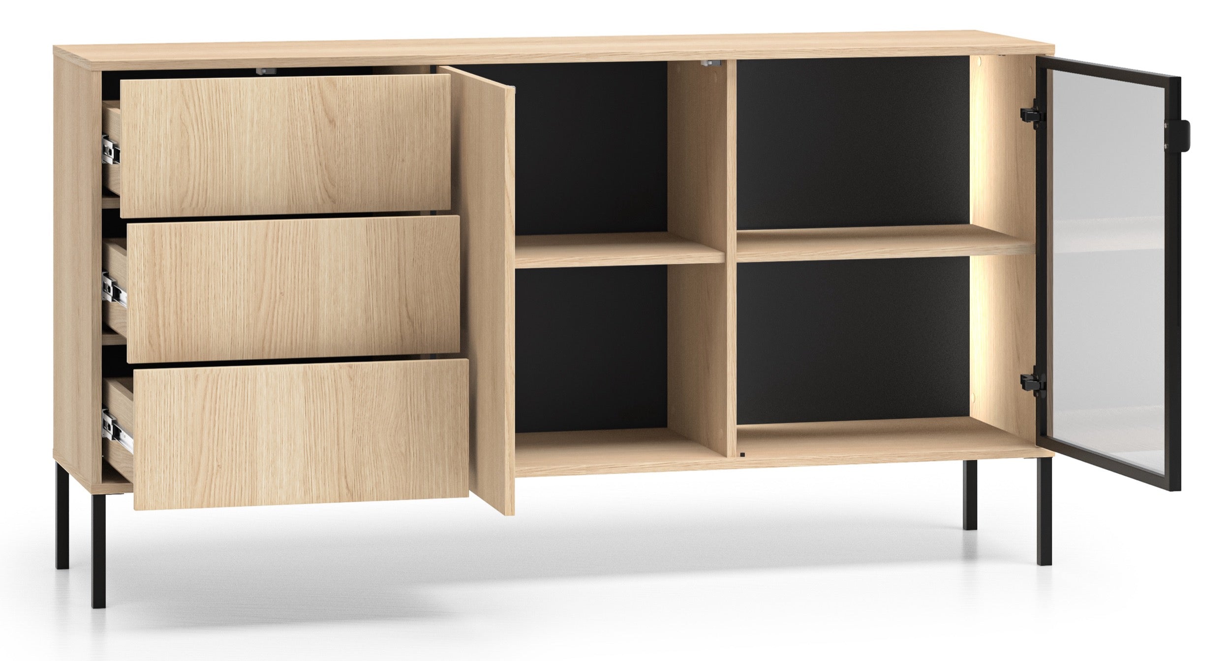 Zweiturige Kommode Barnee mit Schubladen und Beleuchtung, 160 cm, Lindberg-Eiche