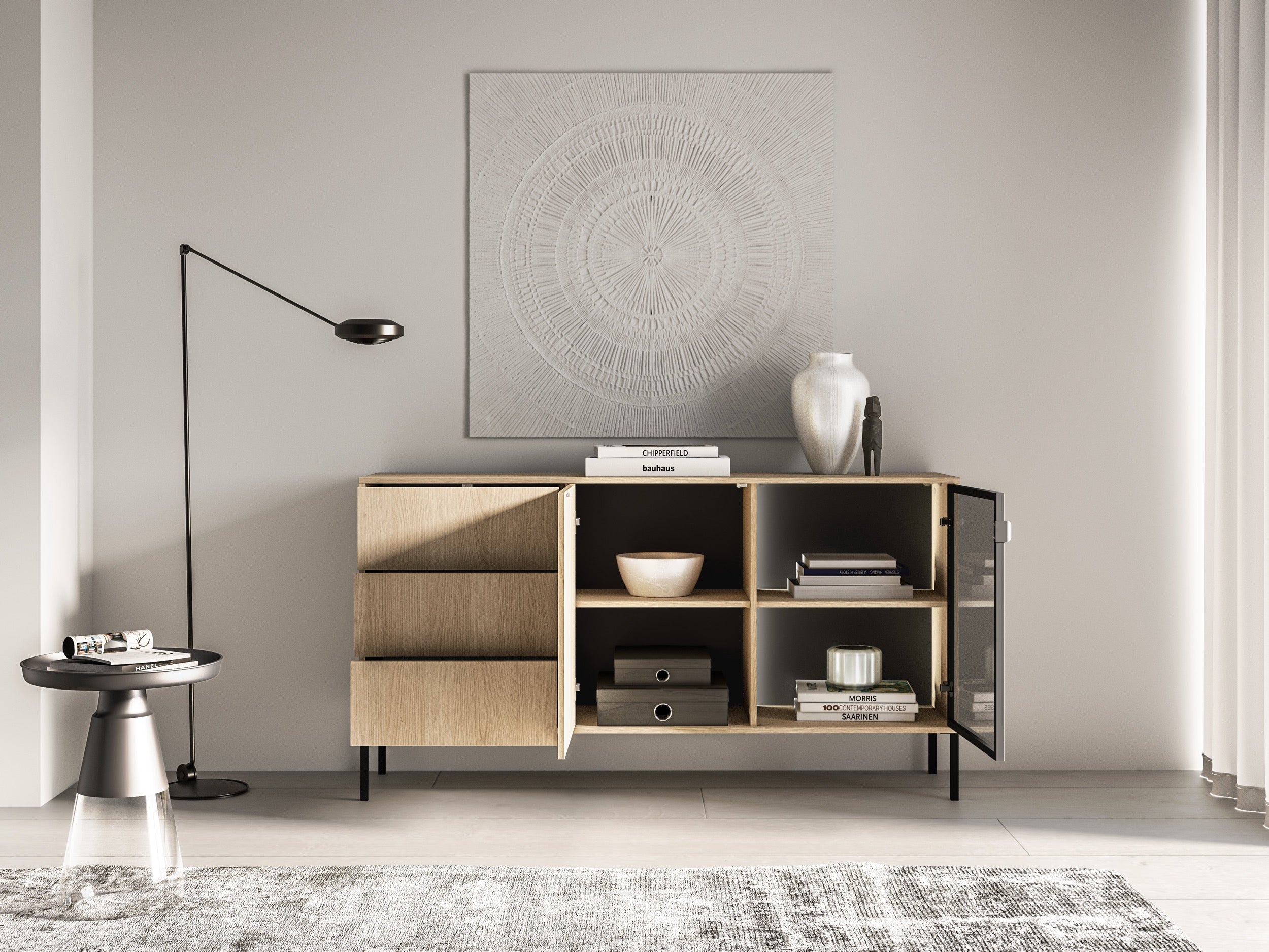 Zweiturige Kommode Barnee mit Schubladen und Beleuchtung, 160 cm, Lindberg-Eiche