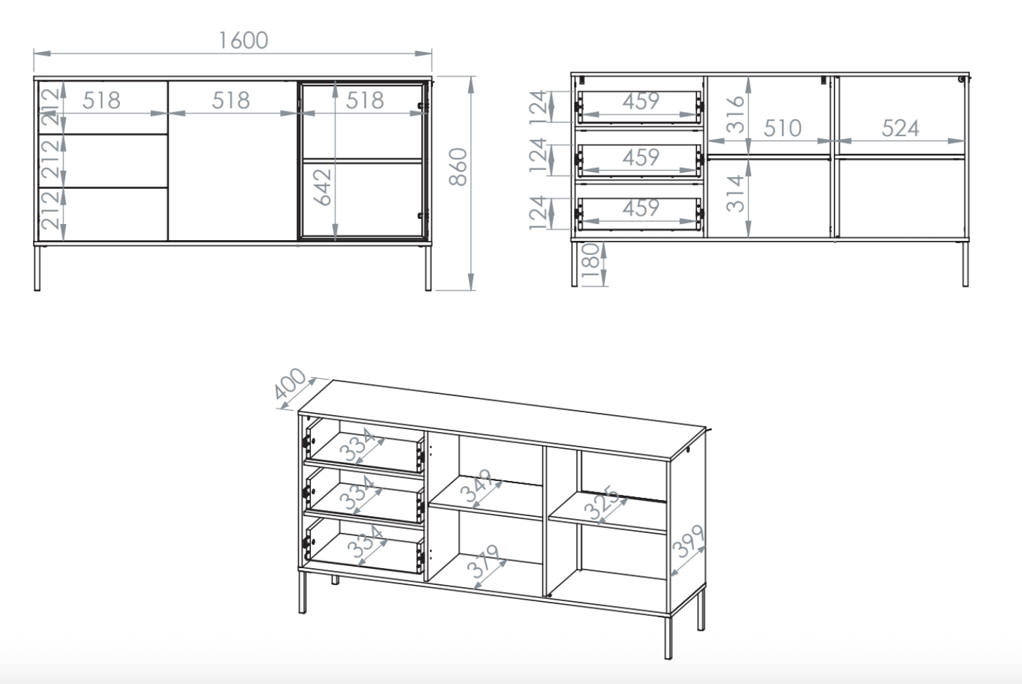 Zweiturige Kommode Barnee mit Schubladen und Beleuchtung, 160 cm, Lindberg-Eiche