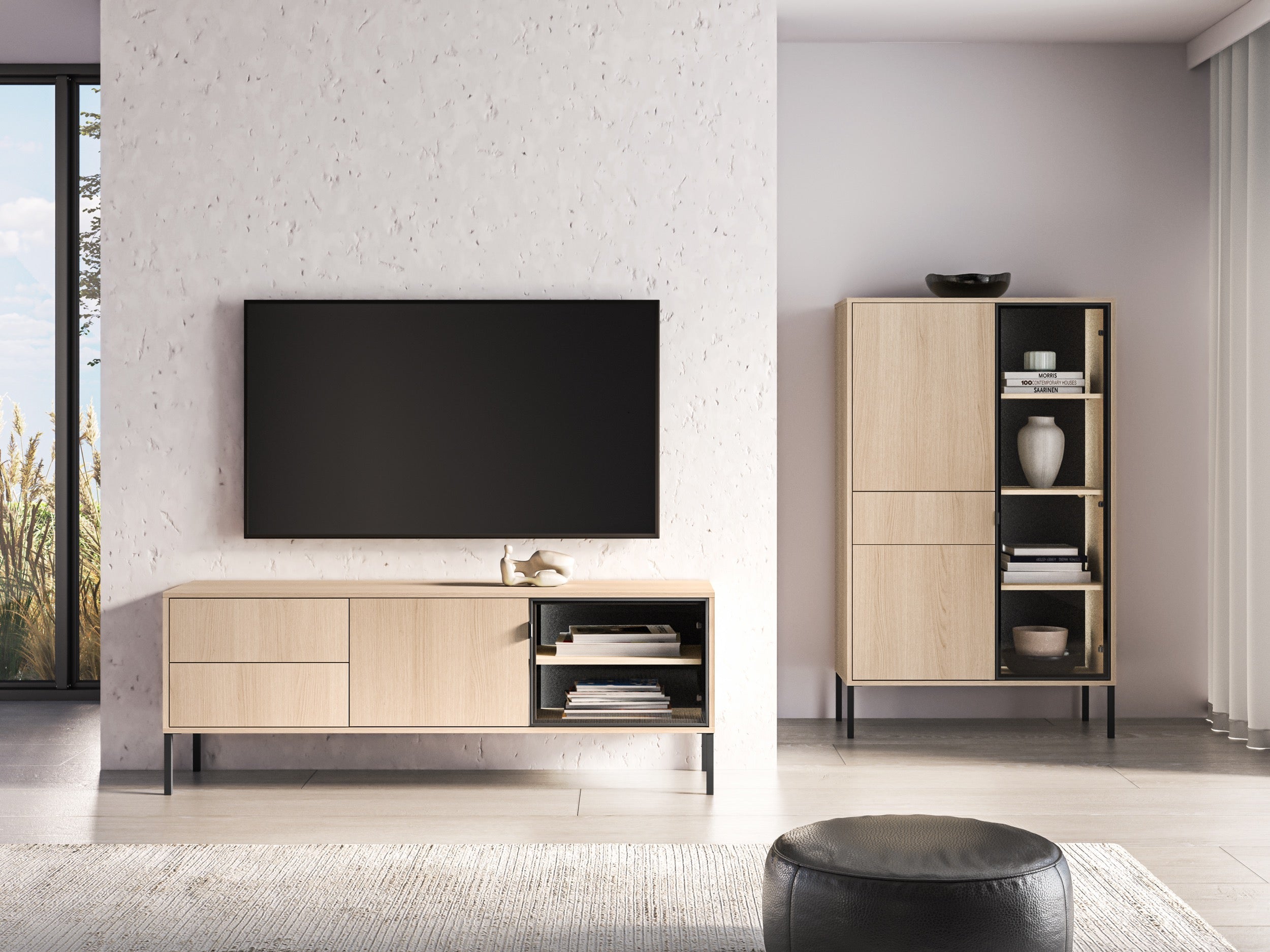 Drehtür-Vitrine Barnee mit Schublade und Beleuchtung, 92 cm, Lindberg-Eiche