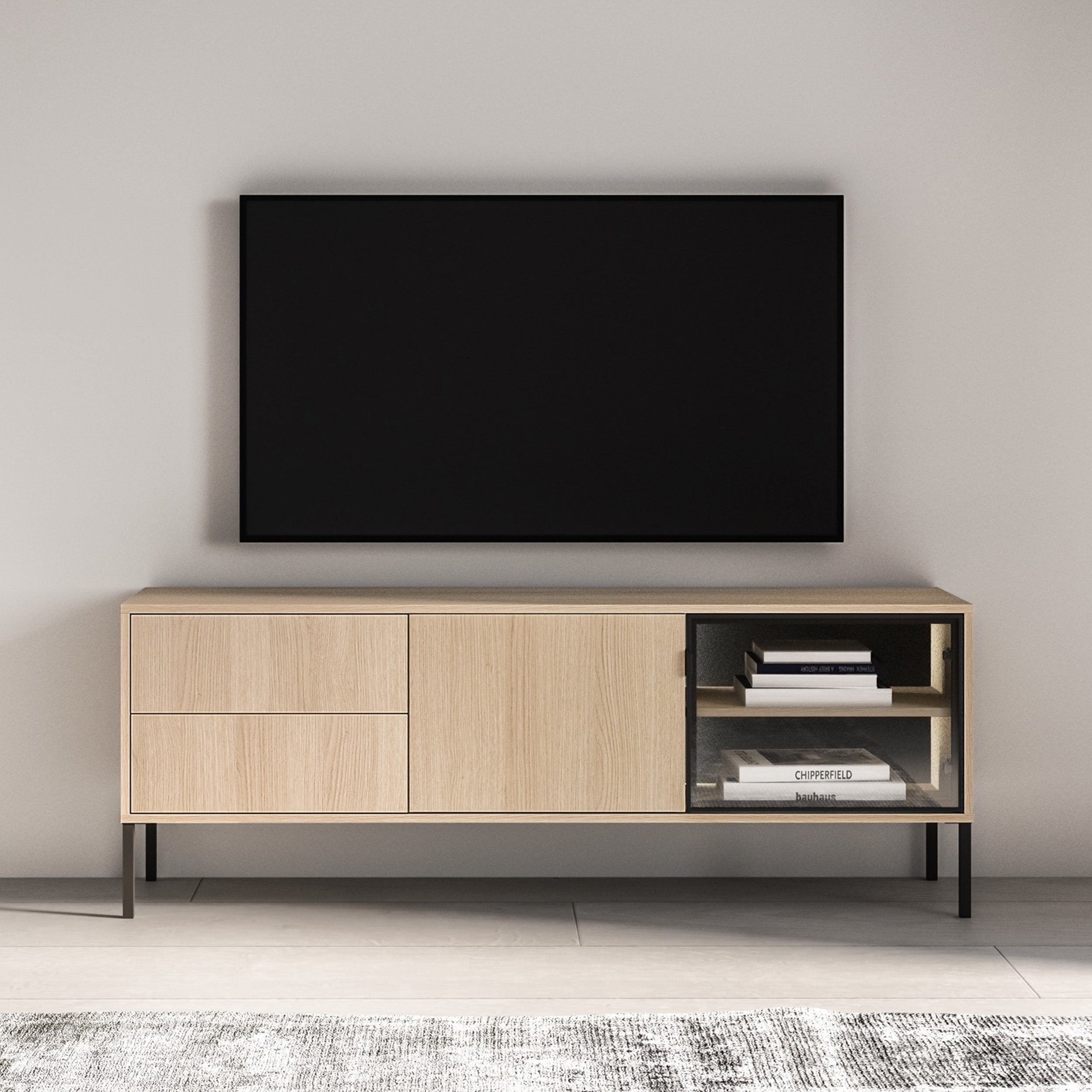 Zweiturige TV-Kommode Barnee mit Schubladen und Beleuchtung, 160 cm, Lindberg-Eiche