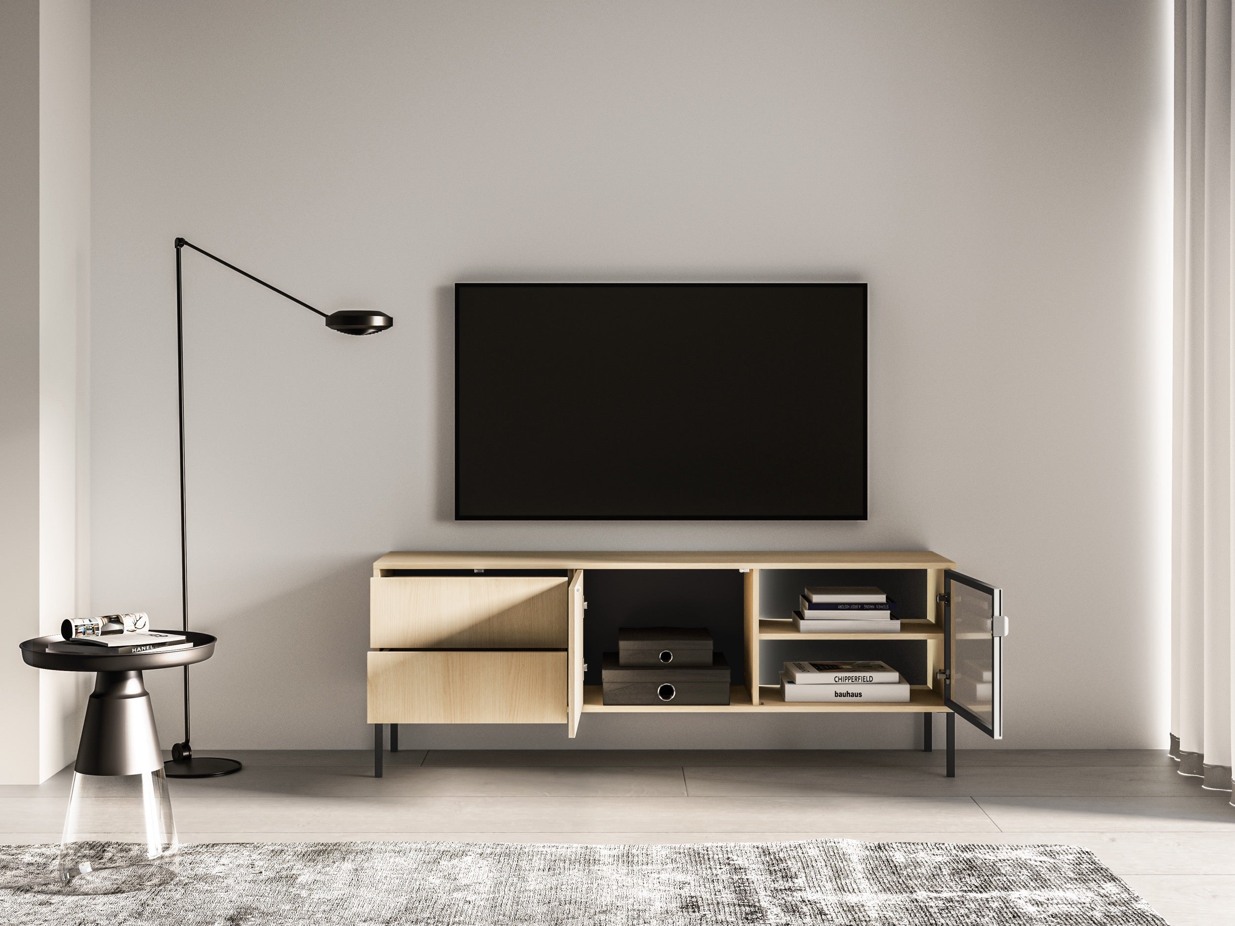 Zweiturige TV-Kommode Barnee mit Schubladen und Beleuchtung, 160 cm, Lindberg-Eiche