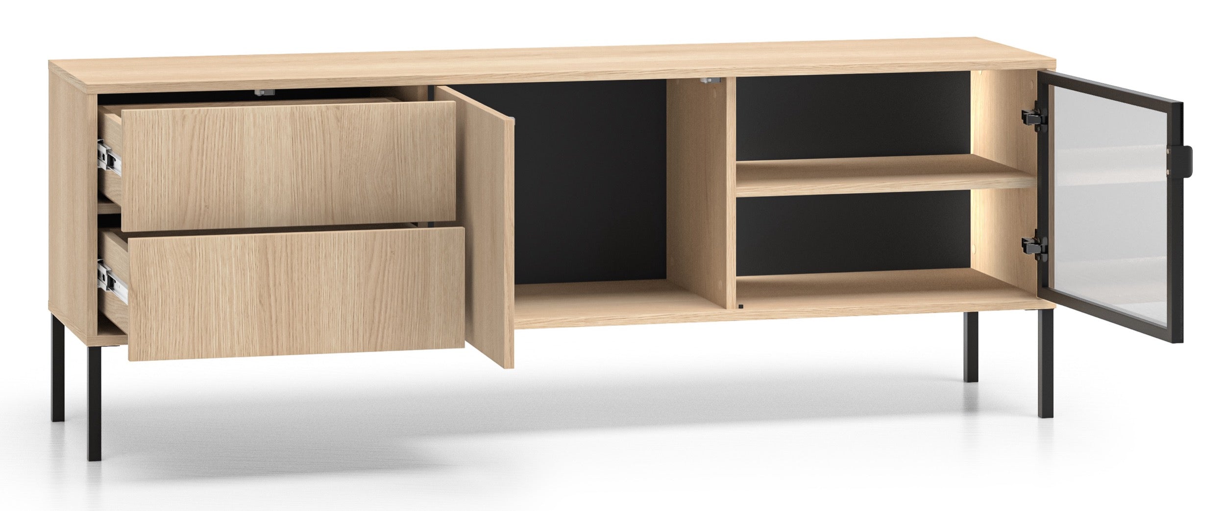 Zweiturige TV-Kommode Barnee mit Schubladen und Beleuchtung, 160 cm, Lindberg-Eiche