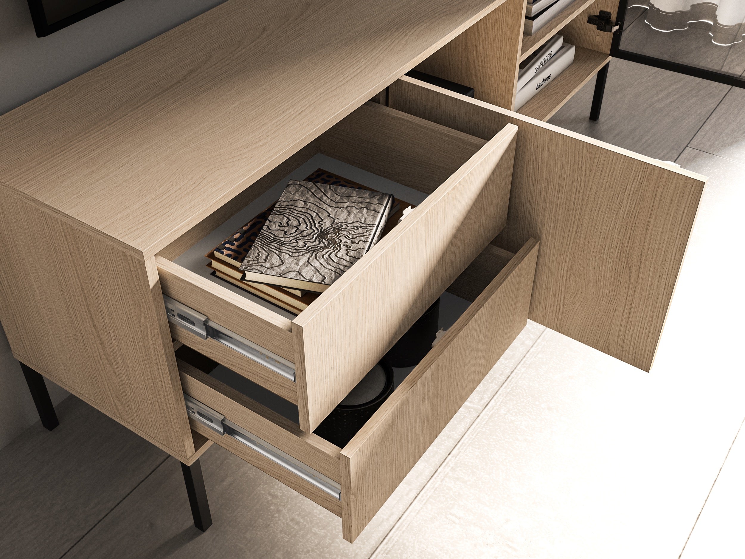 Zweiturige TV-Kommode Barnee mit Schubladen und Beleuchtung, 160 cm, Lindberg-Eiche