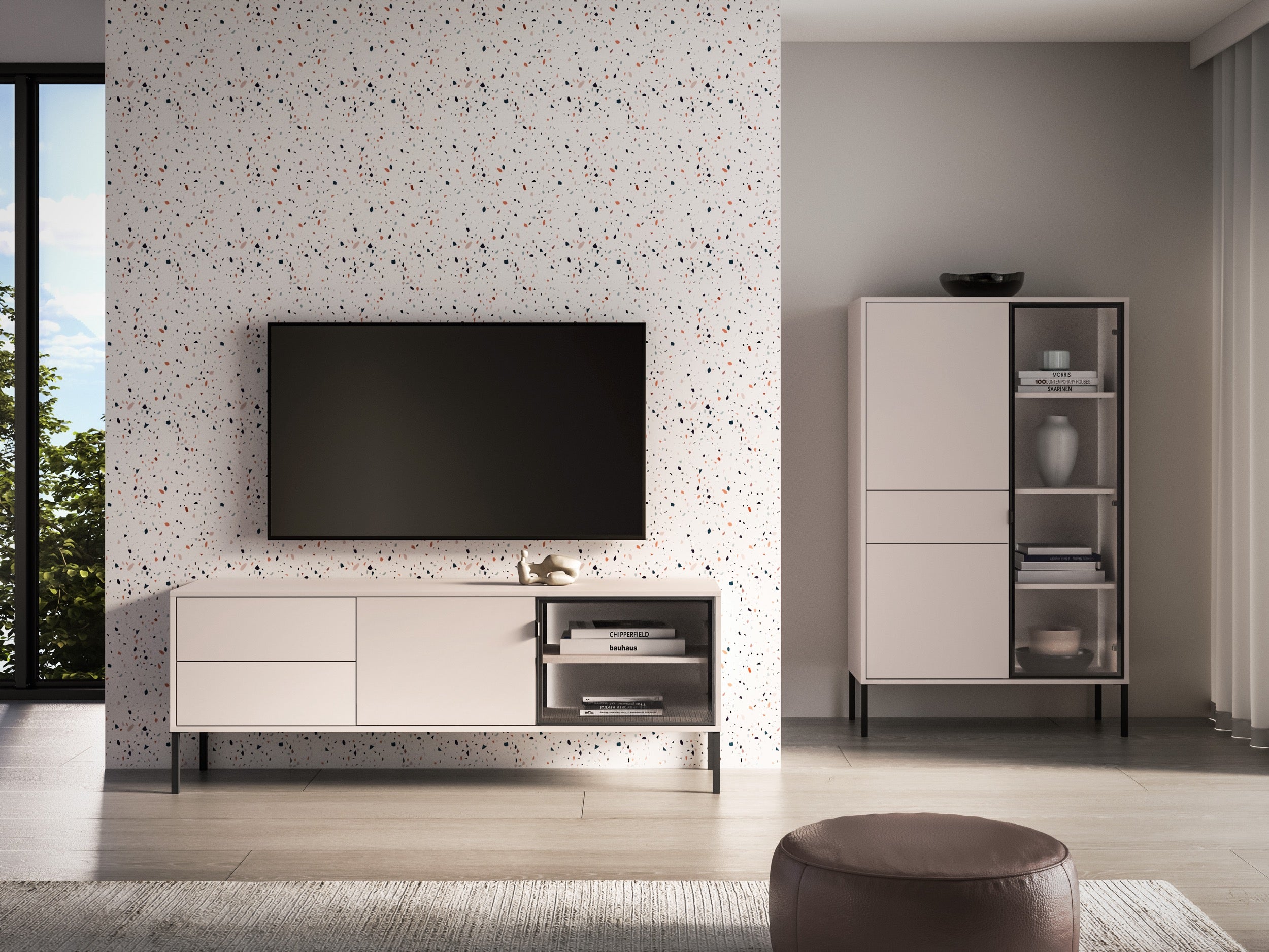 Zweiturige TV-Kommode Barnee mit Schubladen und Beleuchtung, 160 cm, Kaschmir