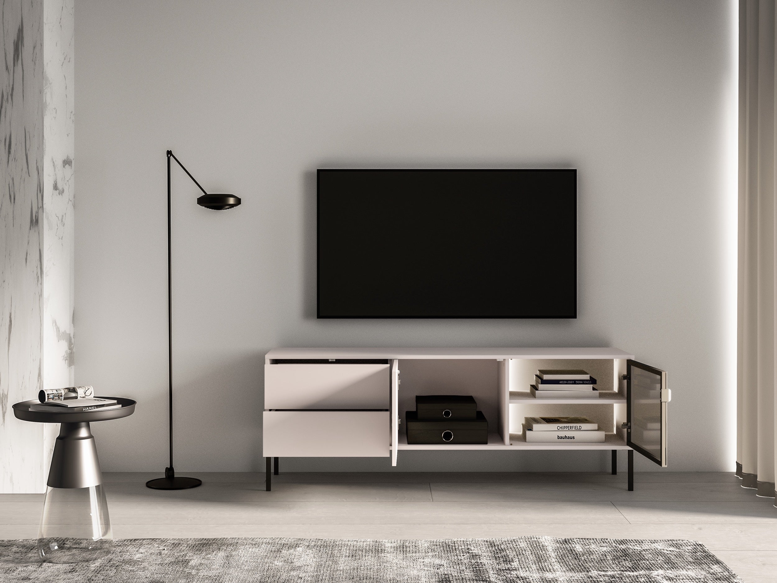 Zweiturige TV-Kommode Barnee mit Schubladen und Beleuchtung, 160 cm, Kaschmir