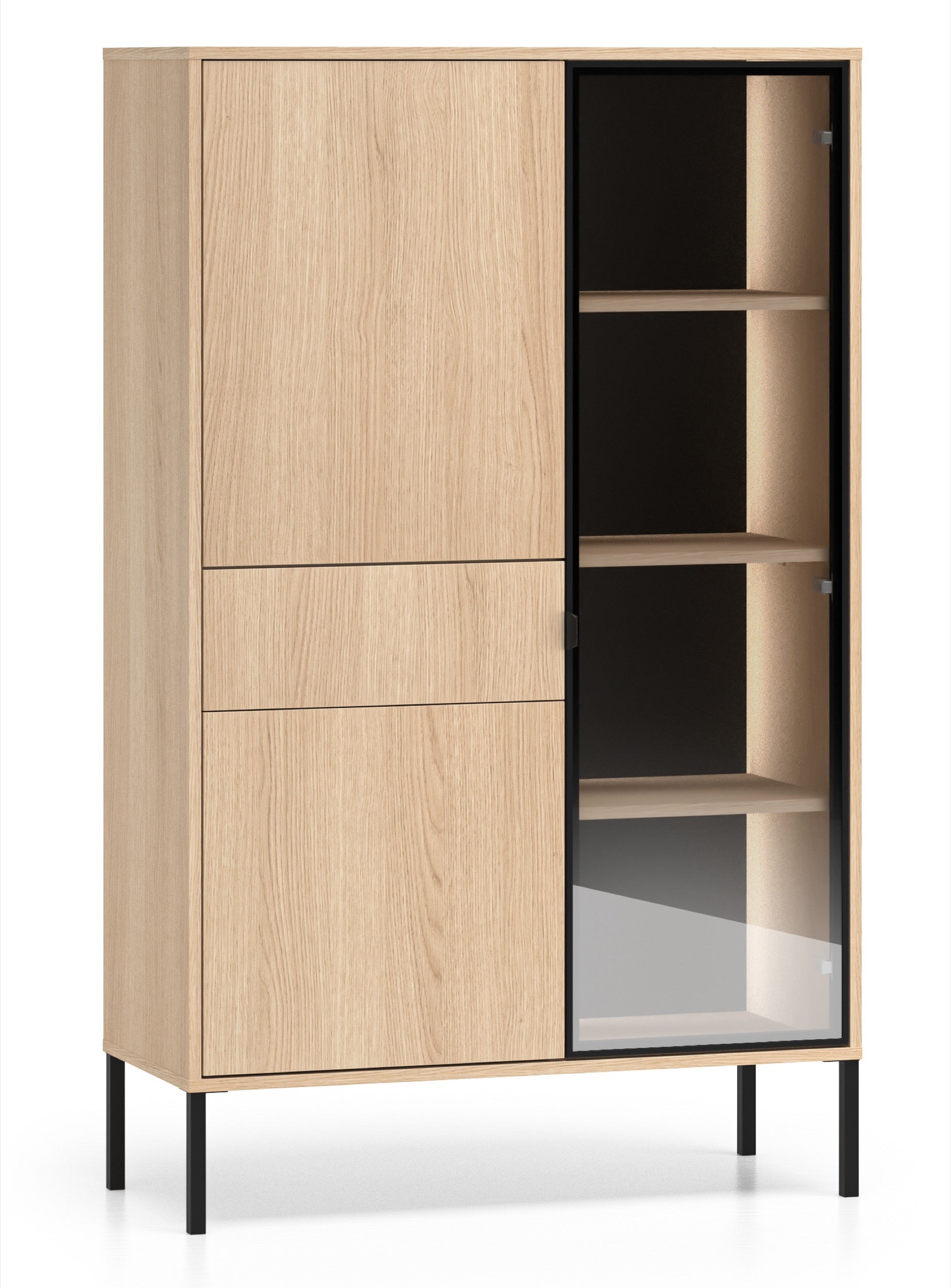 Drehtür-Vitrine Barnee mit Schublade und Beleuchtung, 92 cm, Lindberg-Eiche