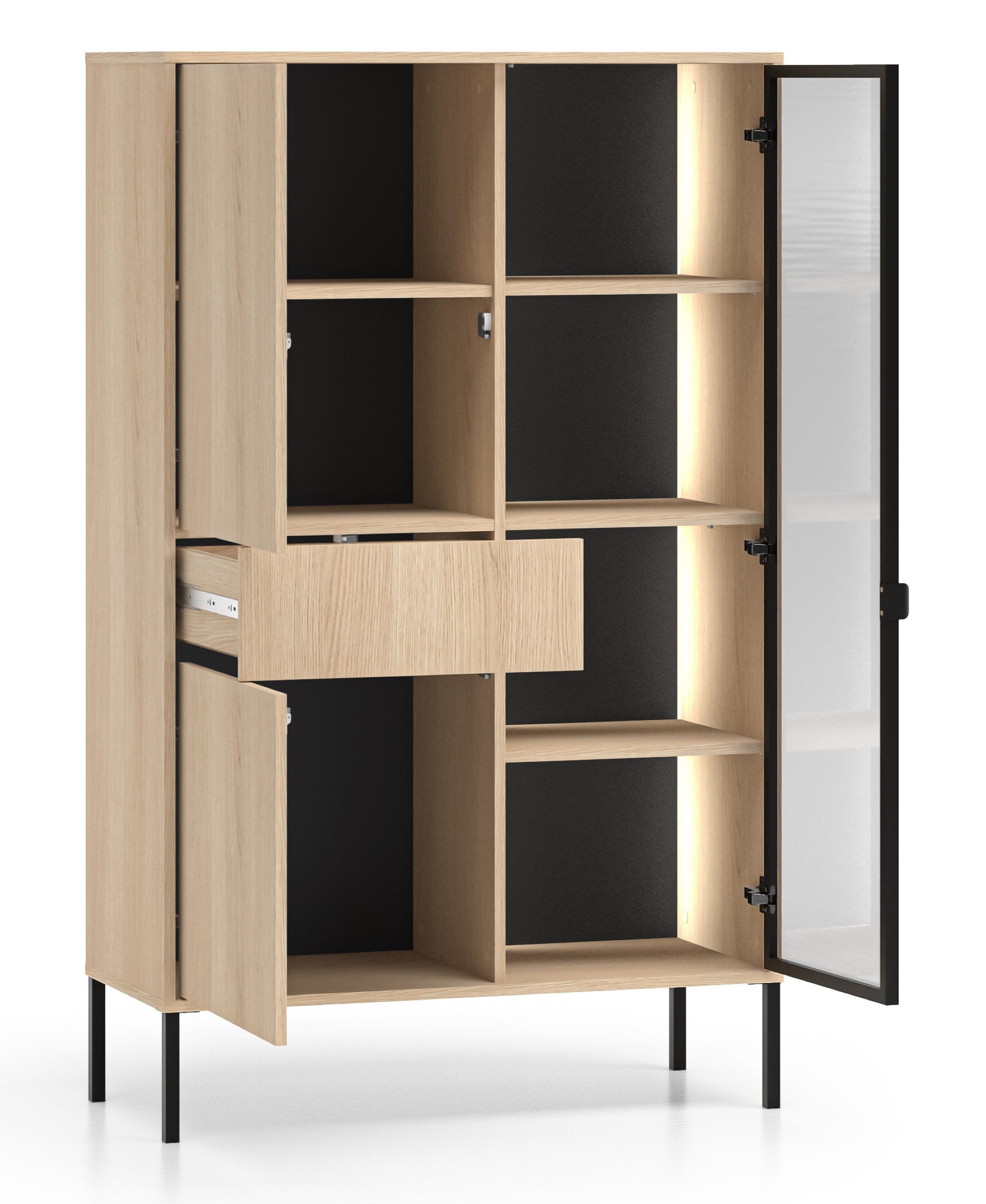 Drehtür-Vitrine Barnee mit Schublade und Beleuchtung, 92 cm, Lindberg-Eiche