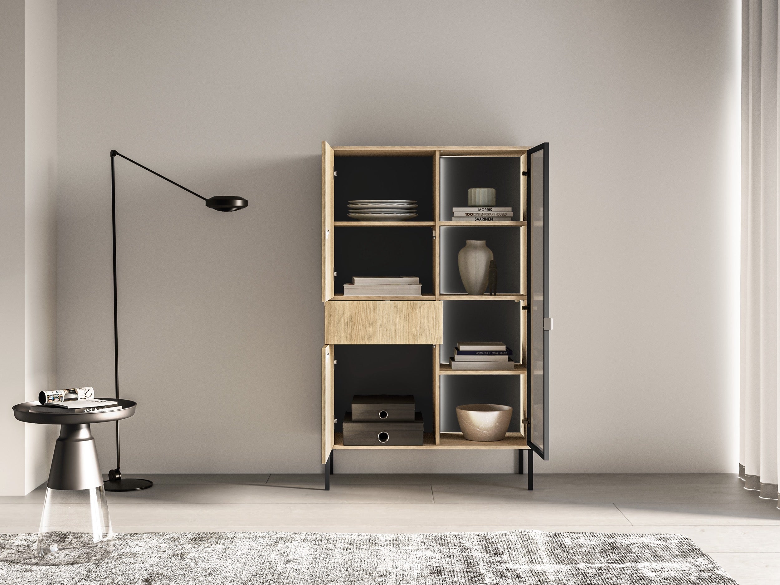 Drehtür-Vitrine Barnee mit Schublade und Beleuchtung, 92 cm, Lindberg-Eiche