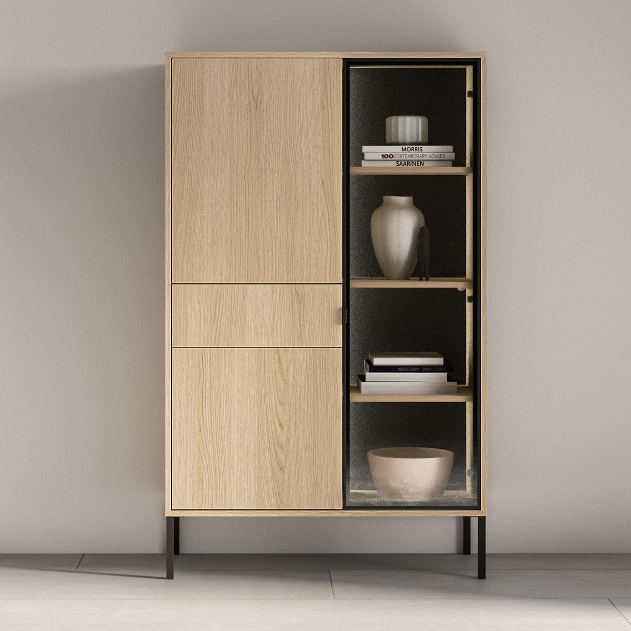 Drehtür-Vitrine Barnee mit Schublade und Beleuchtung, 92 cm, Lindberg-Eiche