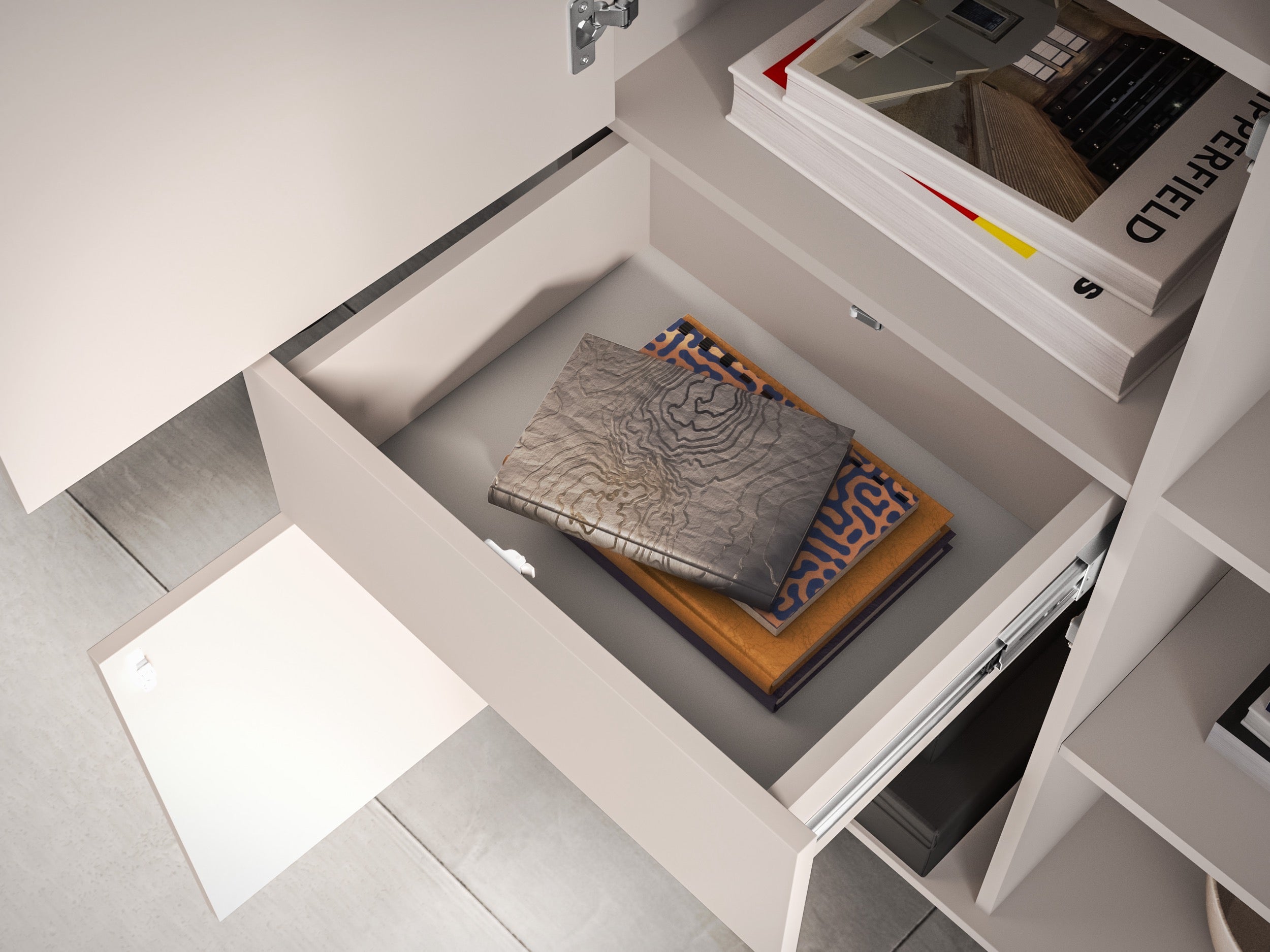 Drehtür-Vitrine Barnee mit Schublade und Beleuchtung, 92 cm, Kaschmir