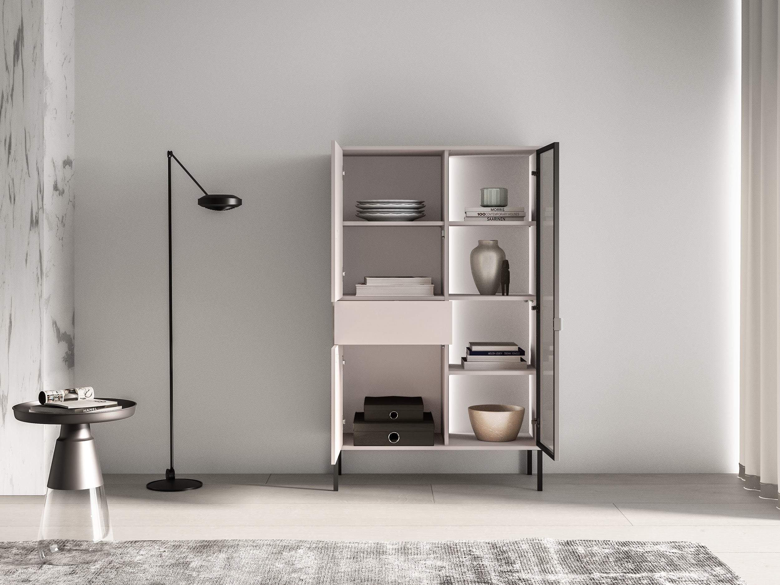Drehtür-Vitrine Barnee mit Schublade und Beleuchtung, 92 cm, Kaschmir