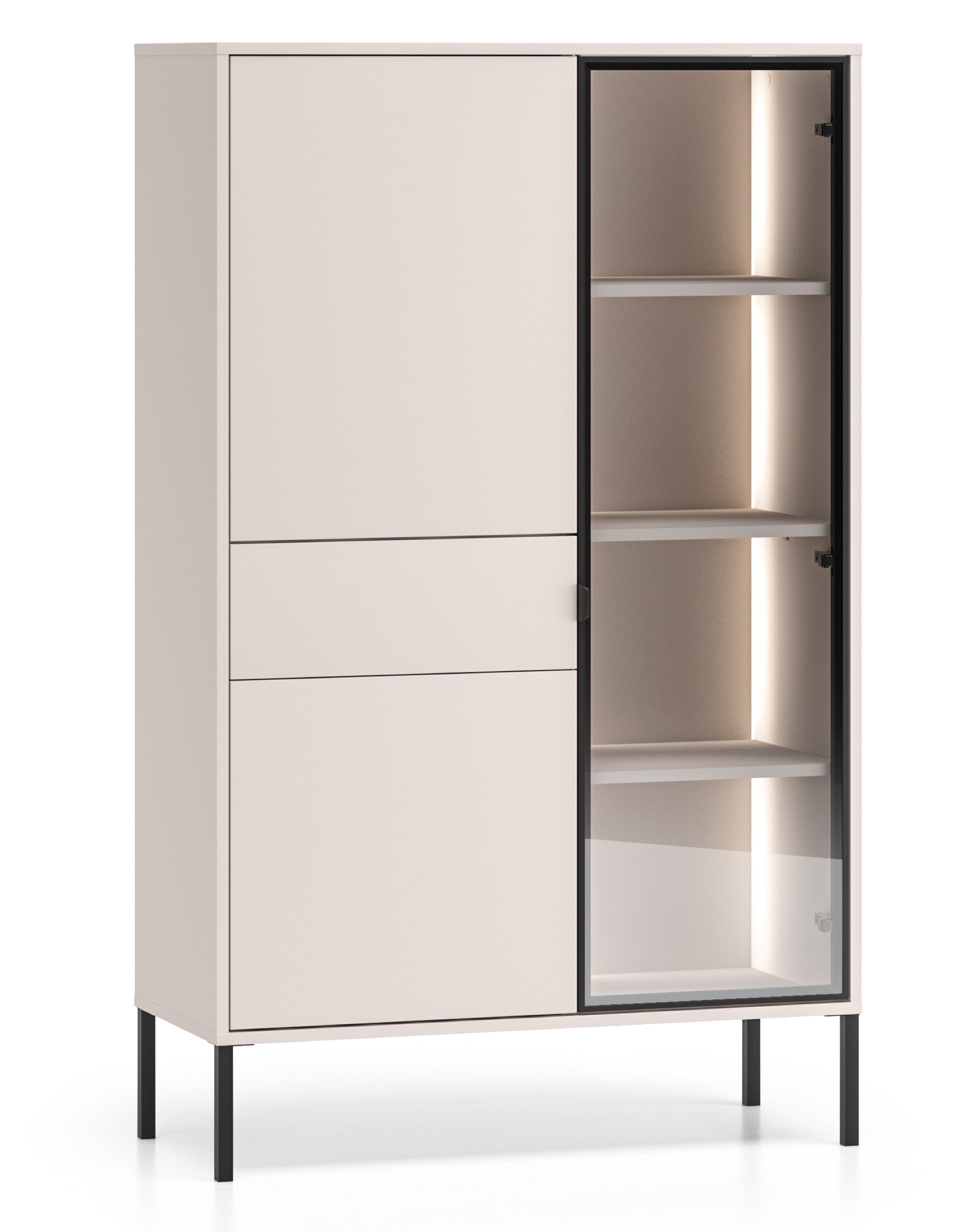Drehtür-Vitrine Barnee mit Schublade und Beleuchtung, 92 cm, Kaschmir