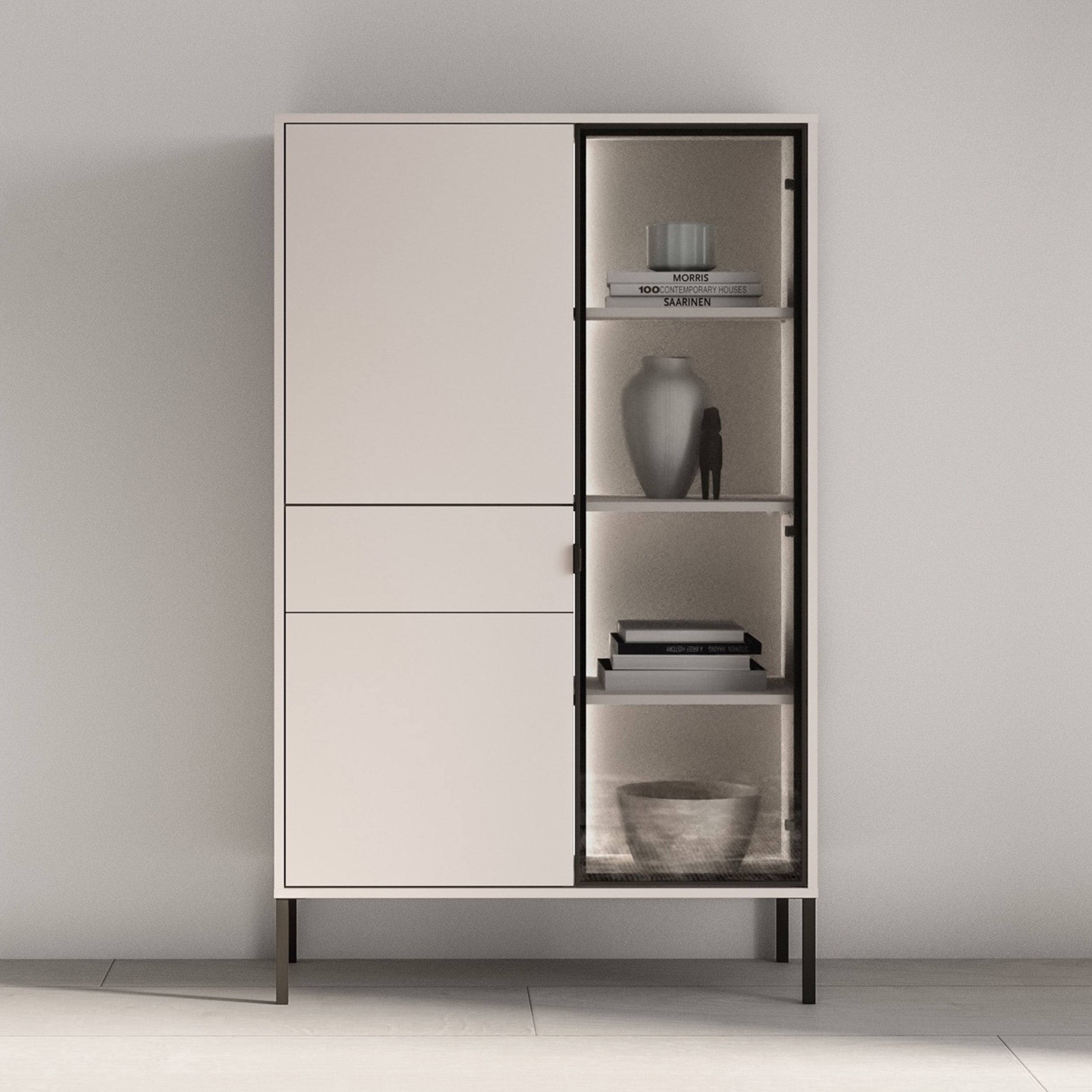 Drehtür-Vitrine Barnee mit Schublade und Beleuchtung, 92 cm, Kaschmir