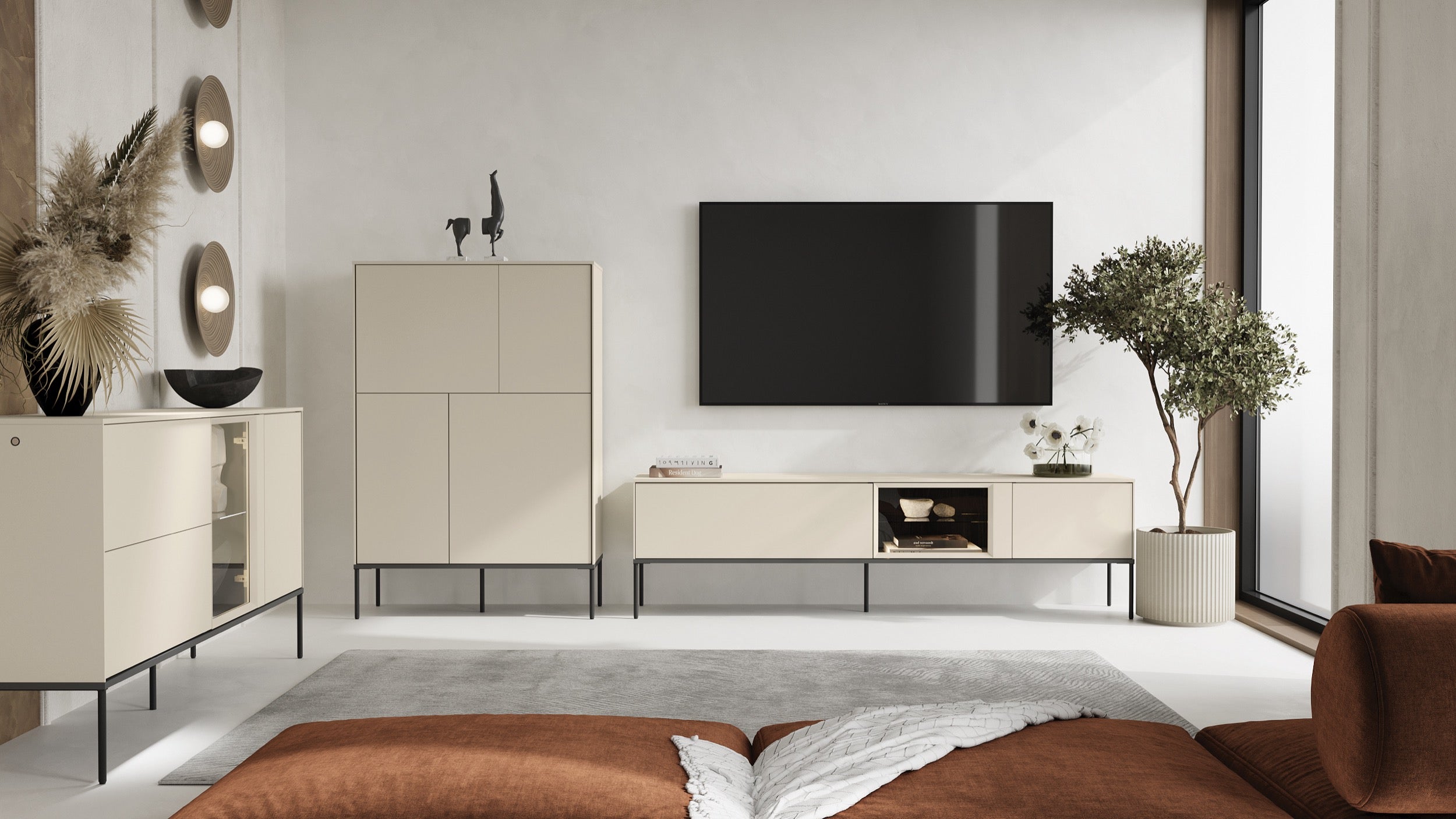 TV-Schrank Bellezo mit LED-Vitrine 196 cm cremefarben
