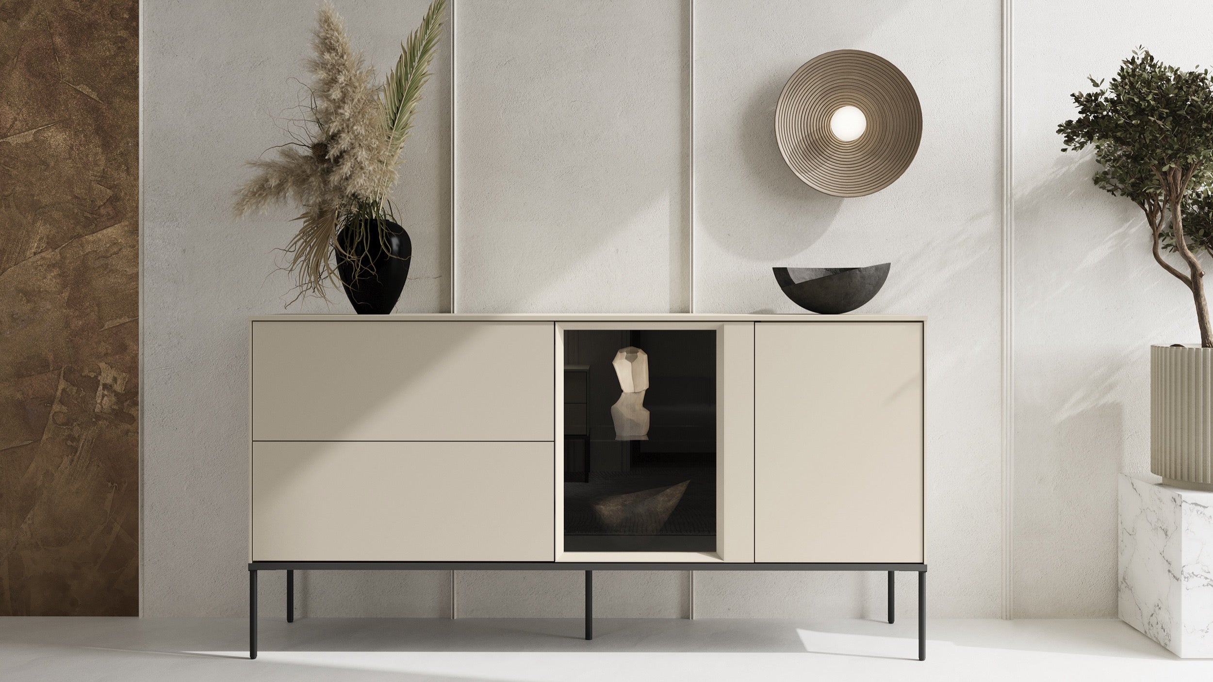 Einflügelsideboard Bellezo mit LED-Vitrine und zwei Schubladen, 166 cm, cremefarben