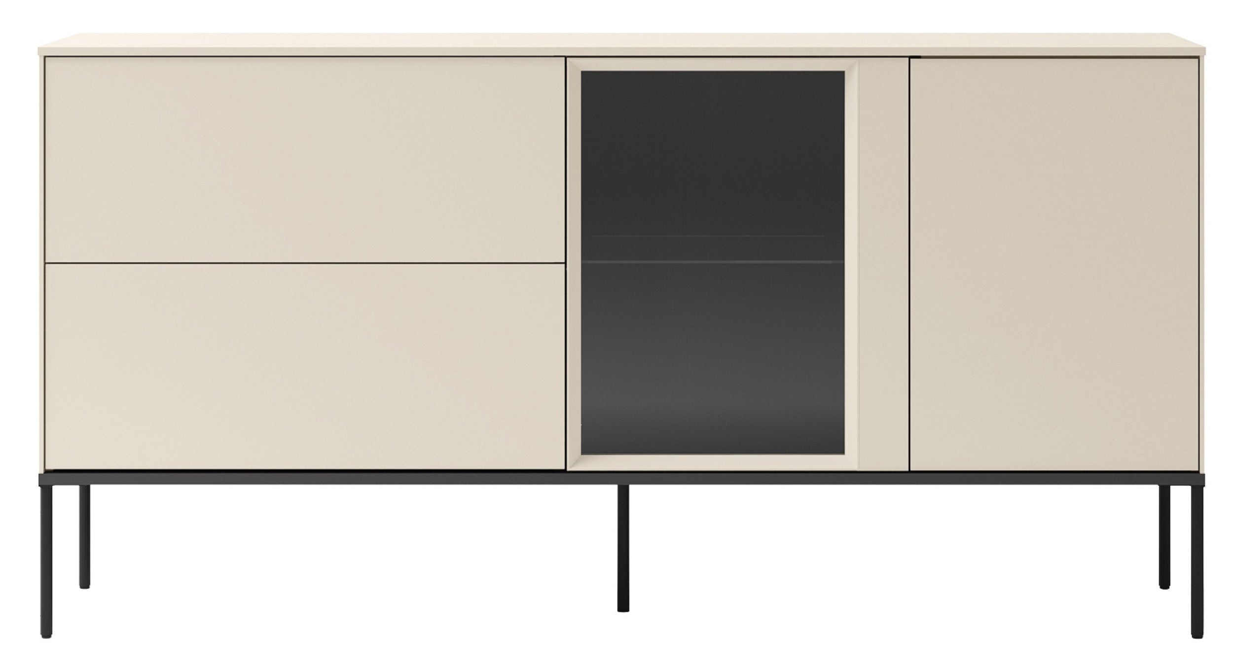 Einflügelsideboard Bellezo mit LED-Vitrine und zwei Schubladen, 166 cm, cremefarben