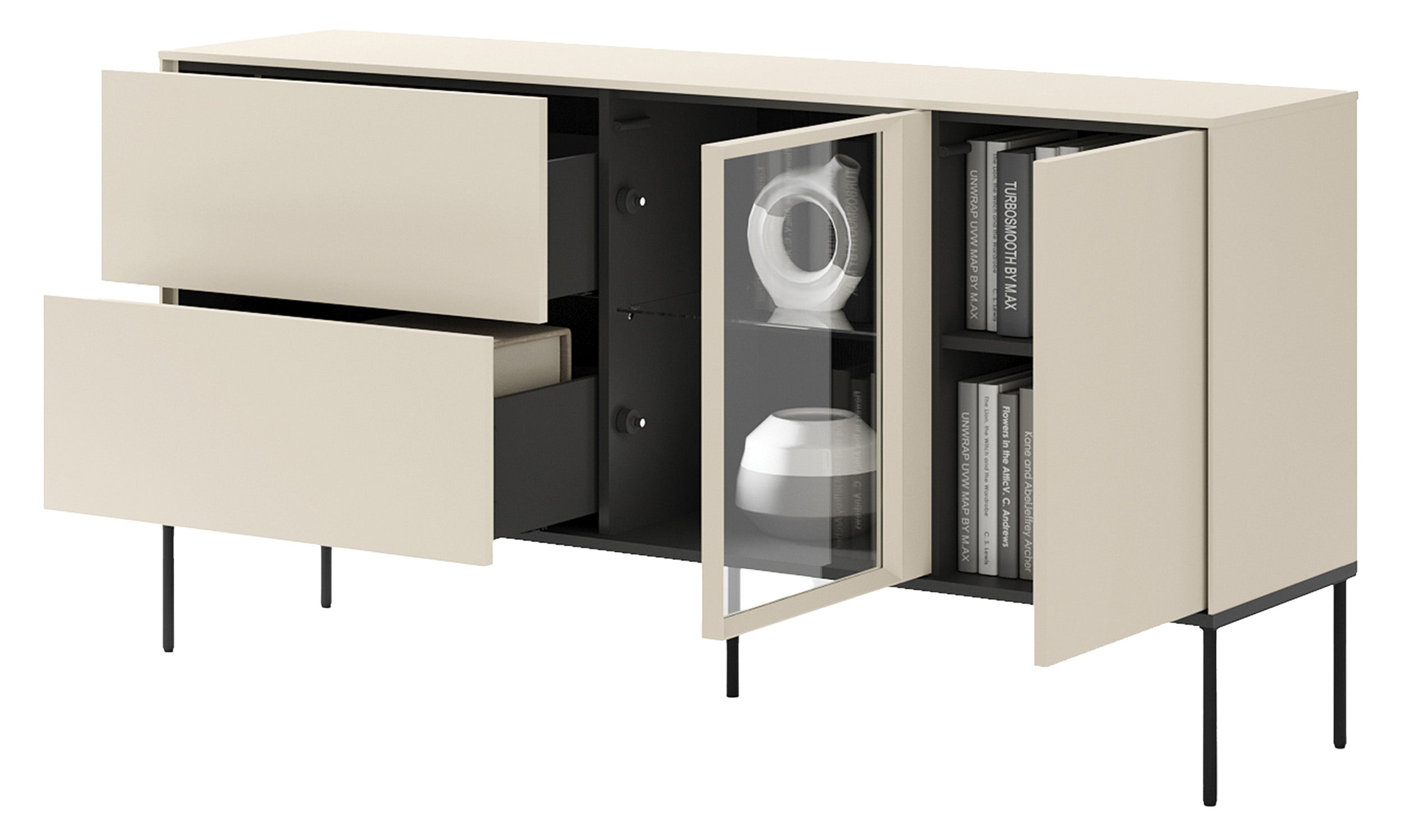 Einflügelsideboard Bellezo mit LED-Vitrine und zwei Schubladen, 166 cm, cremefarben