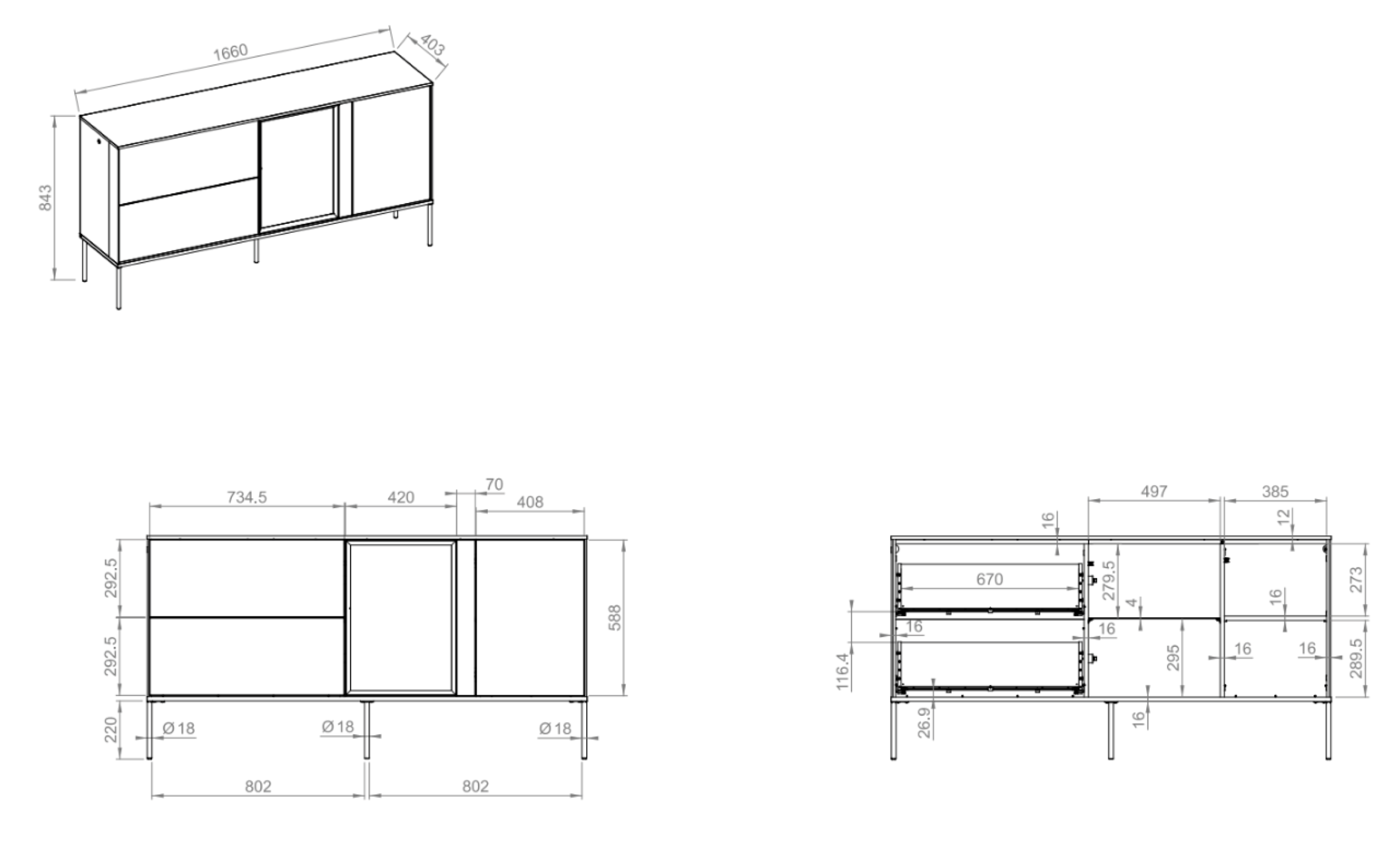 Einflügelsideboard Bellezo mit LED-Vitrine und zwei Schubladen, 166 cm, cremefarben