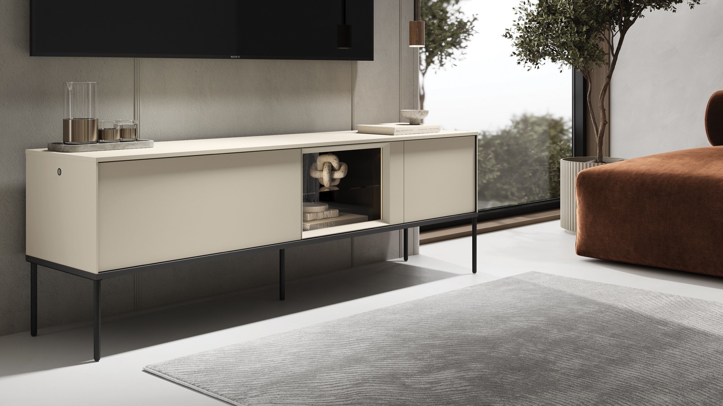 TV-Schrank Bellezo mit LED-Vitrine 166 cm cremefarben