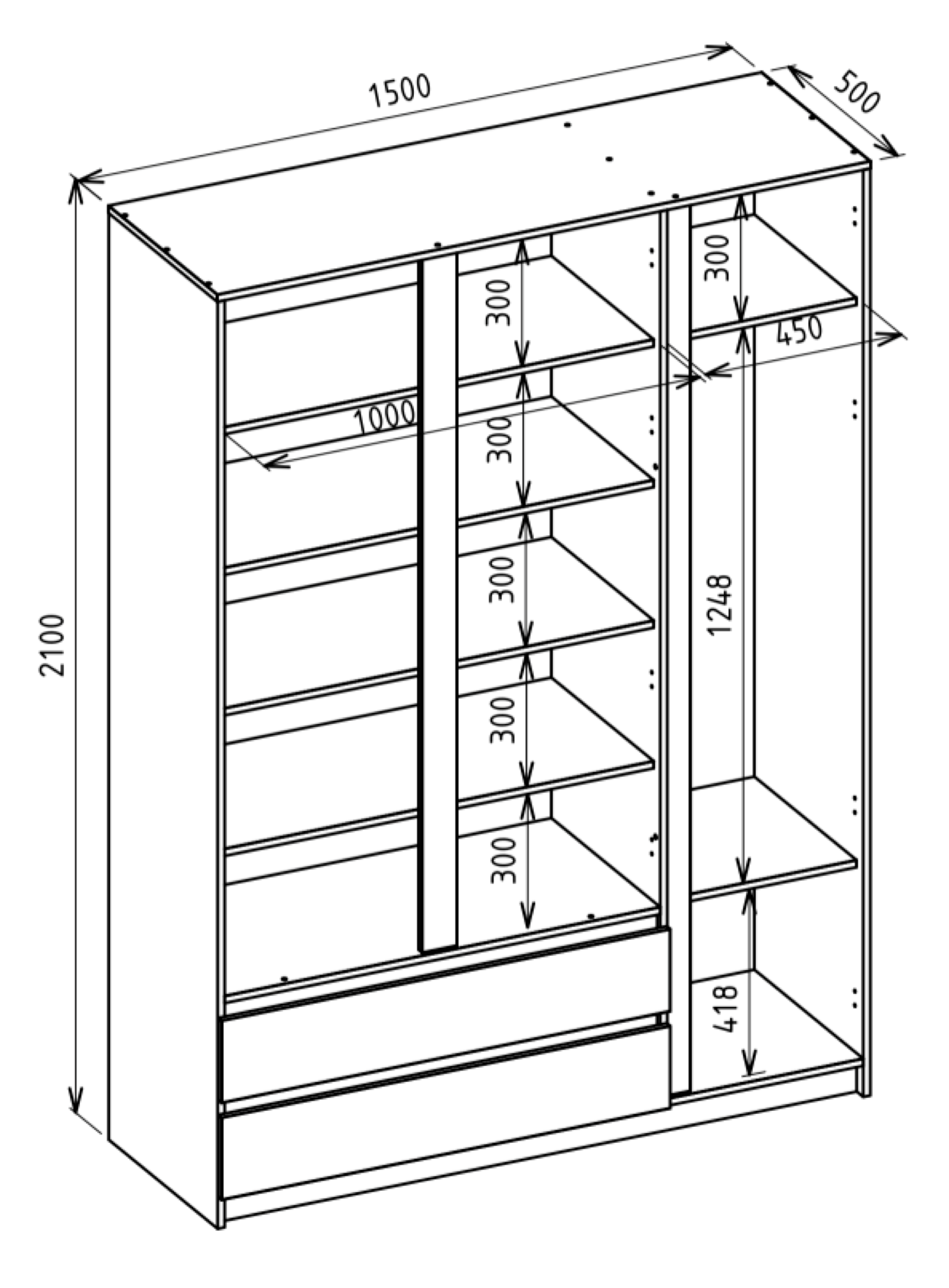 Drehtürenschrank Bemmi mit drei Türen und zwei Schubladen, 150 cm, Kaschmir