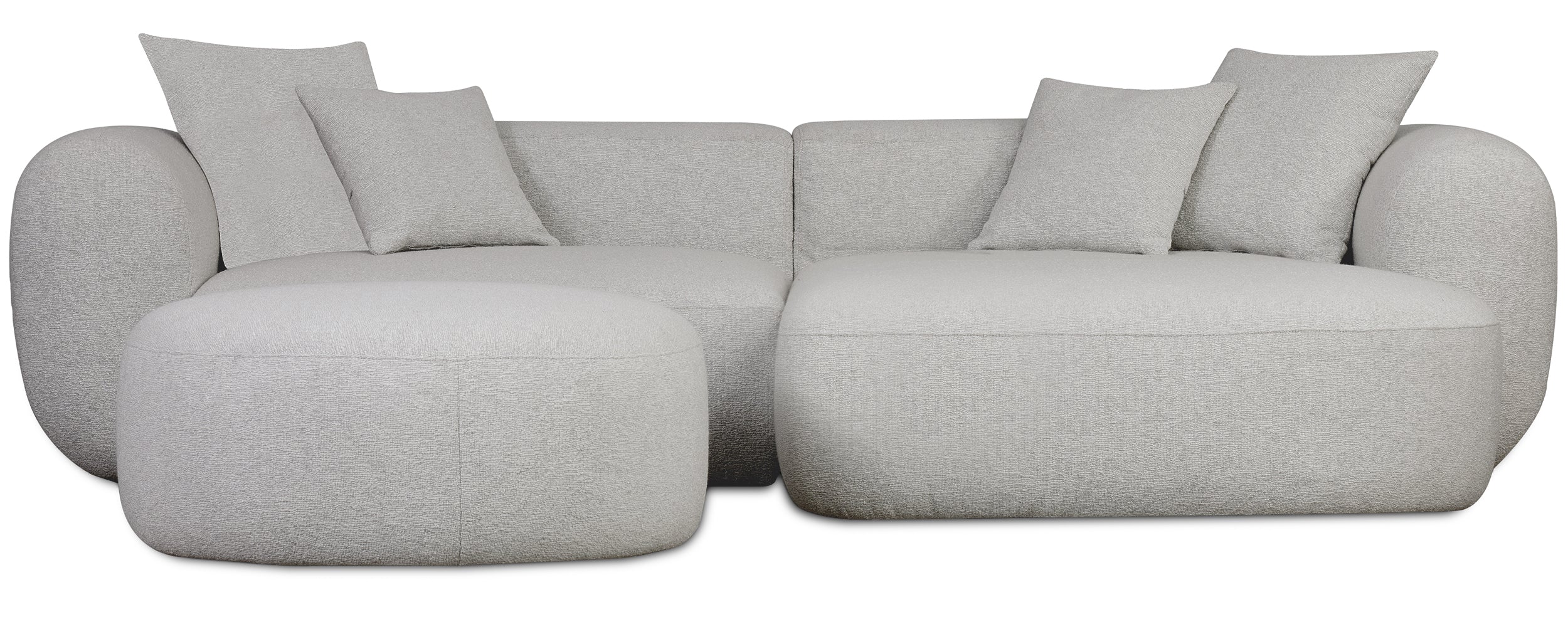 Modulare Baomi Eckcouch in L-Form mit Hocker, rechtsseitig, hellgrauer Chenille-Stoff