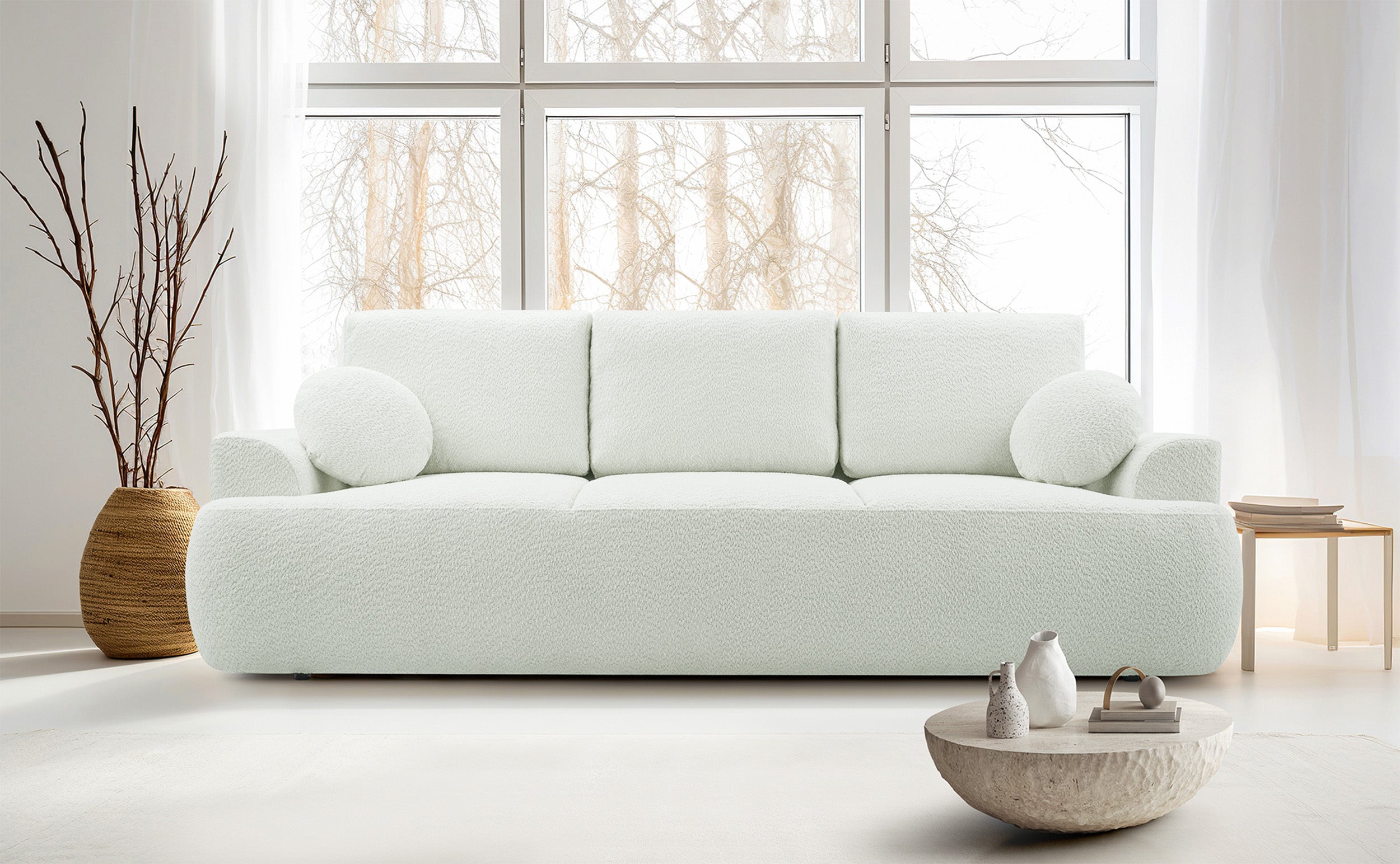 Dreisitziges ausklappbares Sofa Barletto mit Stauraum, cremefarbenes Bouclé