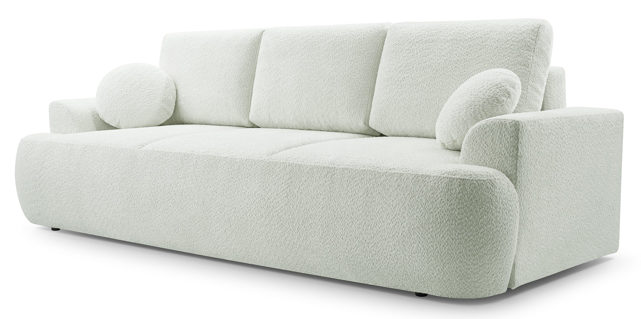 Dreisitziges ausklappbares Sofa Barletto mit Stauraum, cremefarbenes Bouclé