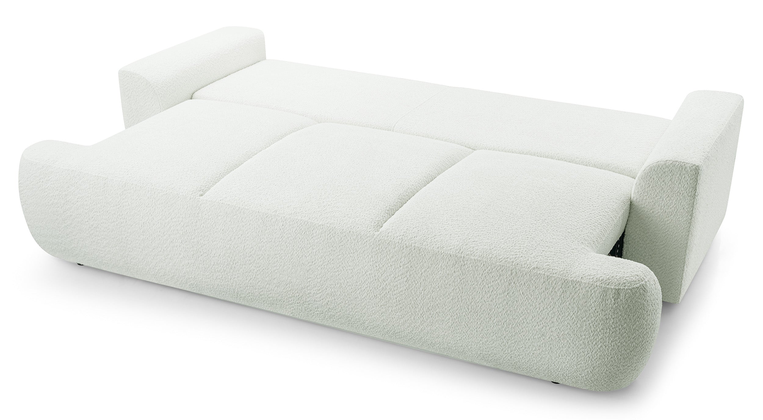 Dreisitziges ausklappbares Sofa Barletto mit Stauraum, cremefarbenes Bouclé