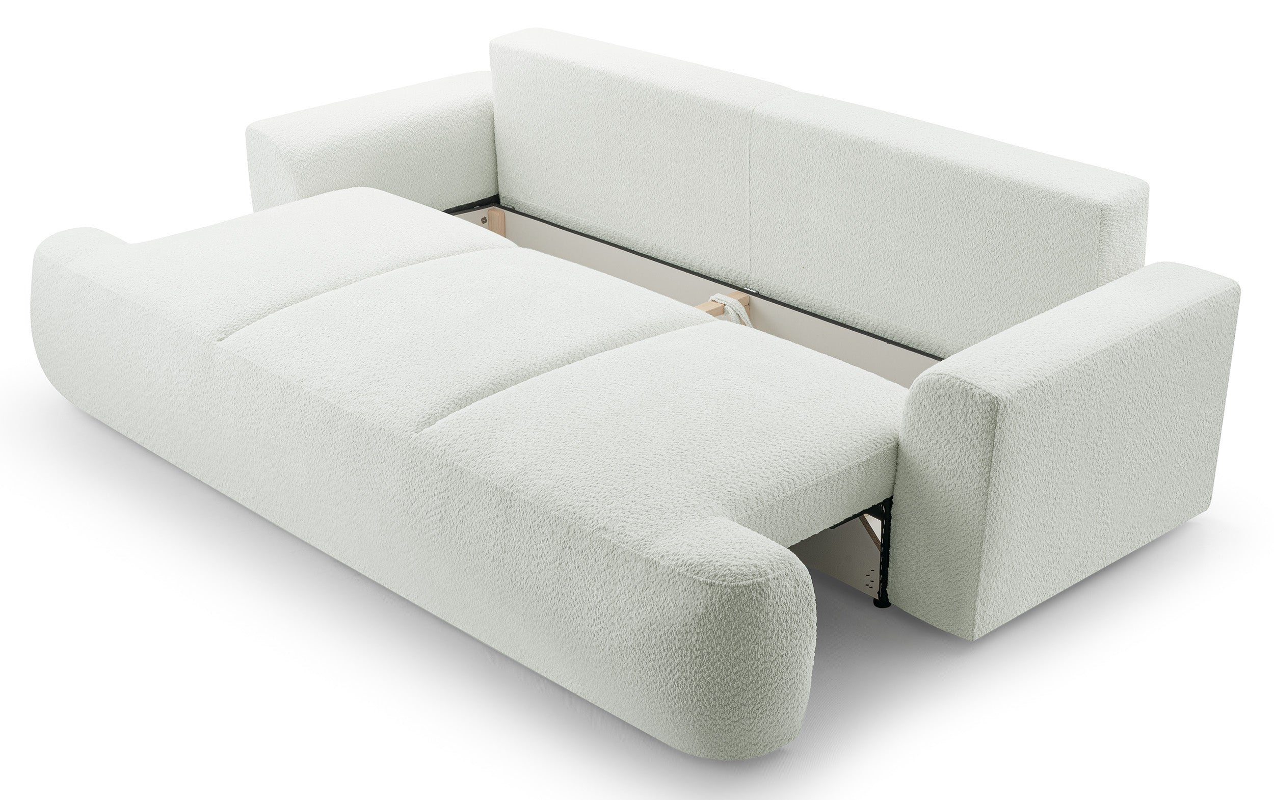 Dreisitziges ausklappbares Sofa Barletto mit Stauraum, cremefarbenes Bouclé