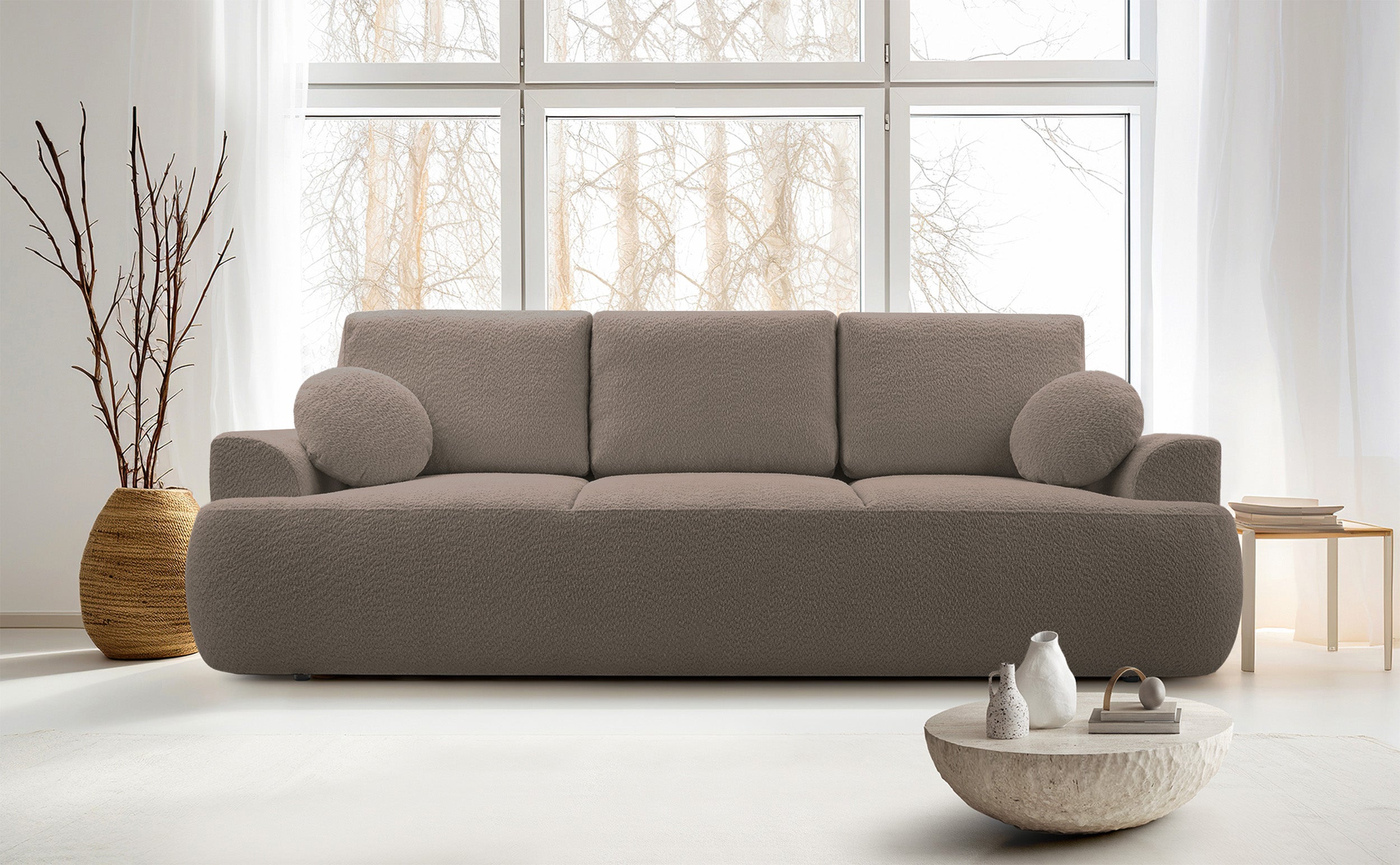 Dreisitziges Schlafsofa Barletto mit Stauraum, schmutziges Rosa Bouclé