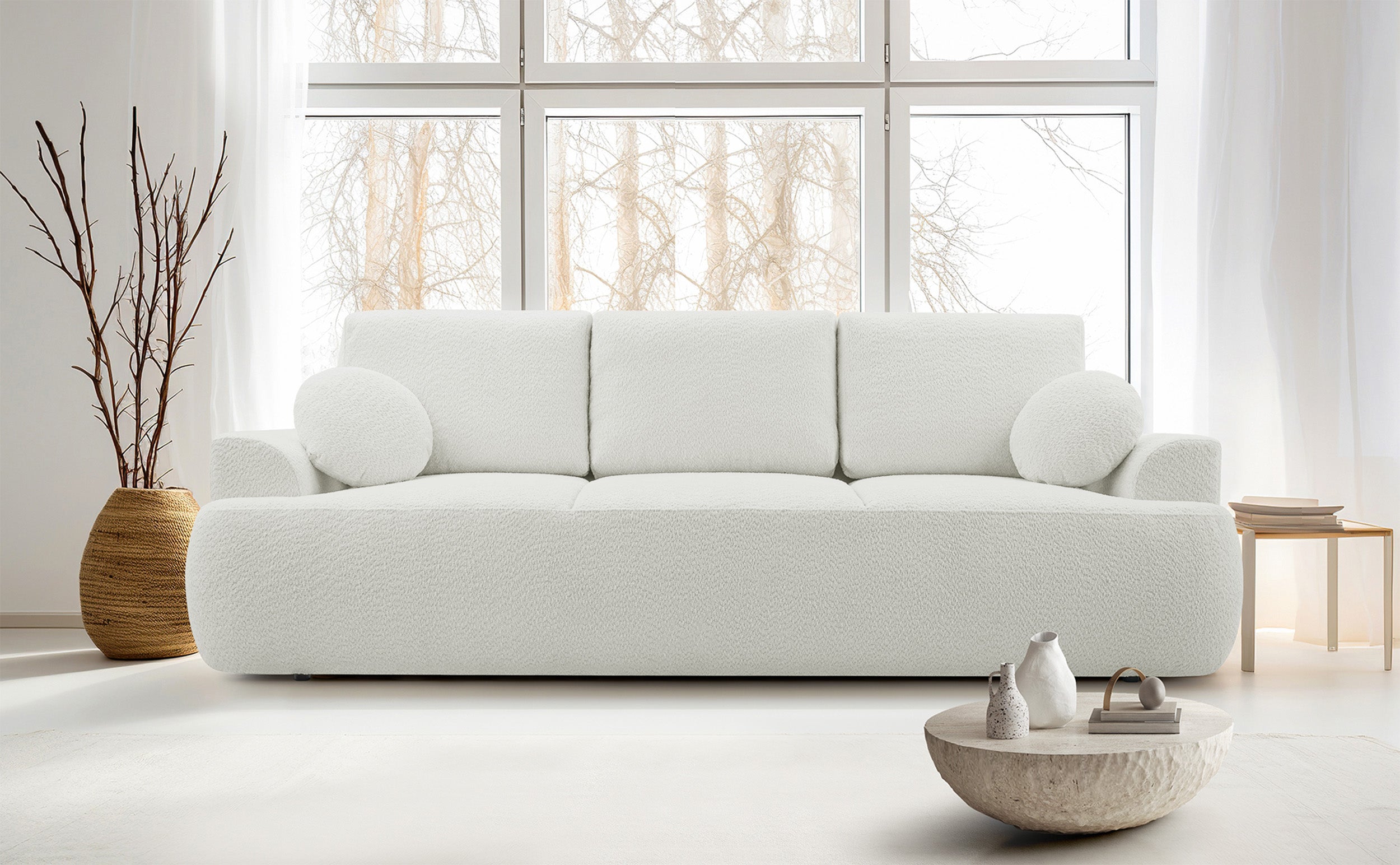 Dreisitziges Schlafsofa Barletto mit Stauraum, hellbeige Bouclé