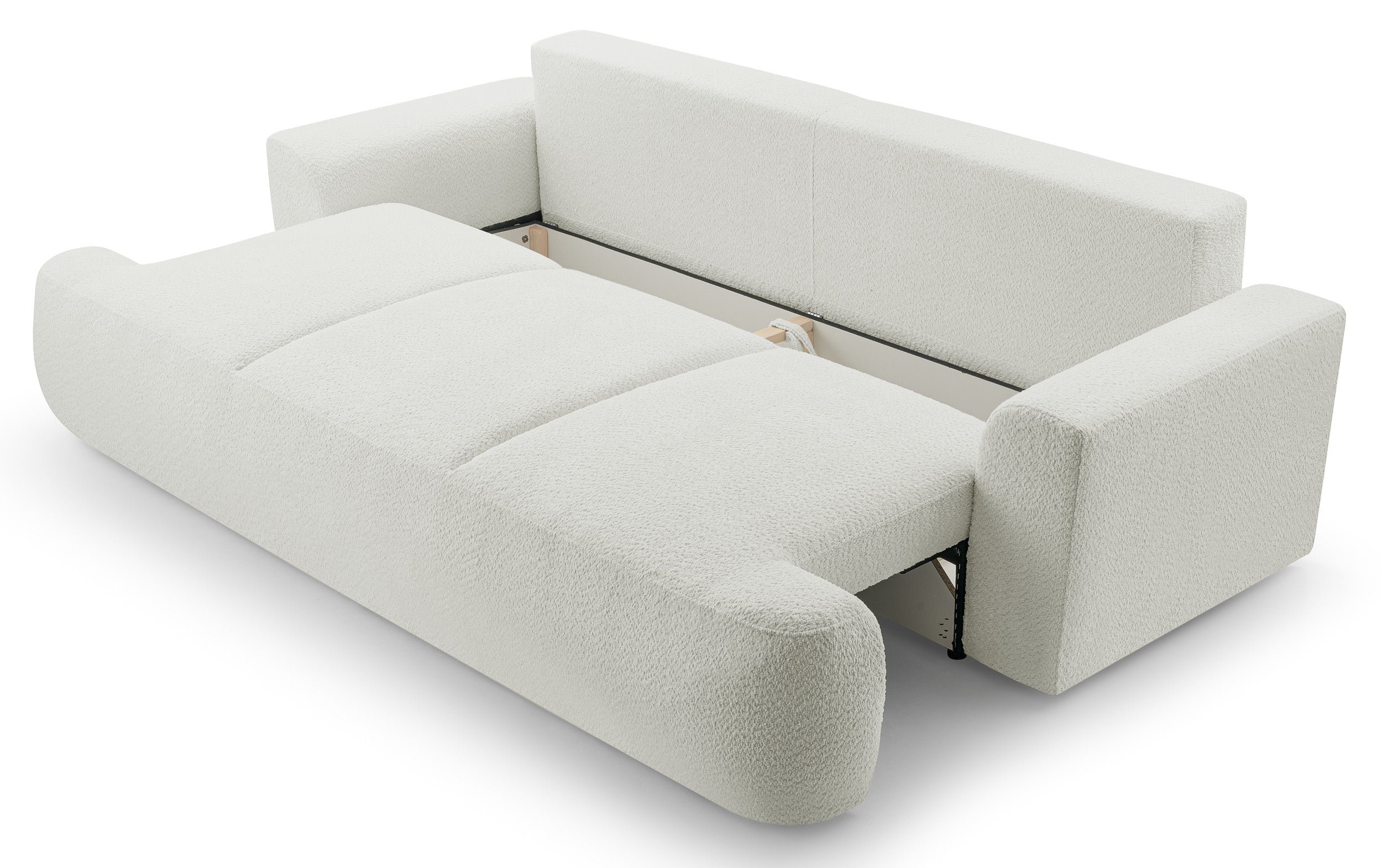 Dreisitziges Schlafsofa Barletto mit Stauraum, hellbeige Bouclé