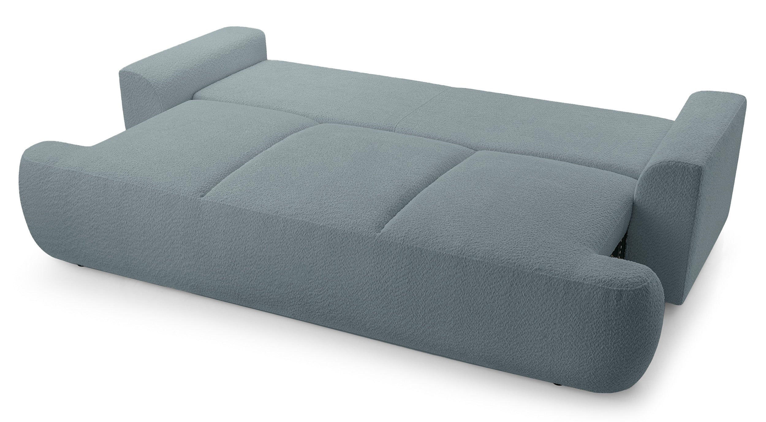 Dreisitziges, ausklappbares Sofa Barletto mit Stauraum, grauer Bouclé-Stoff