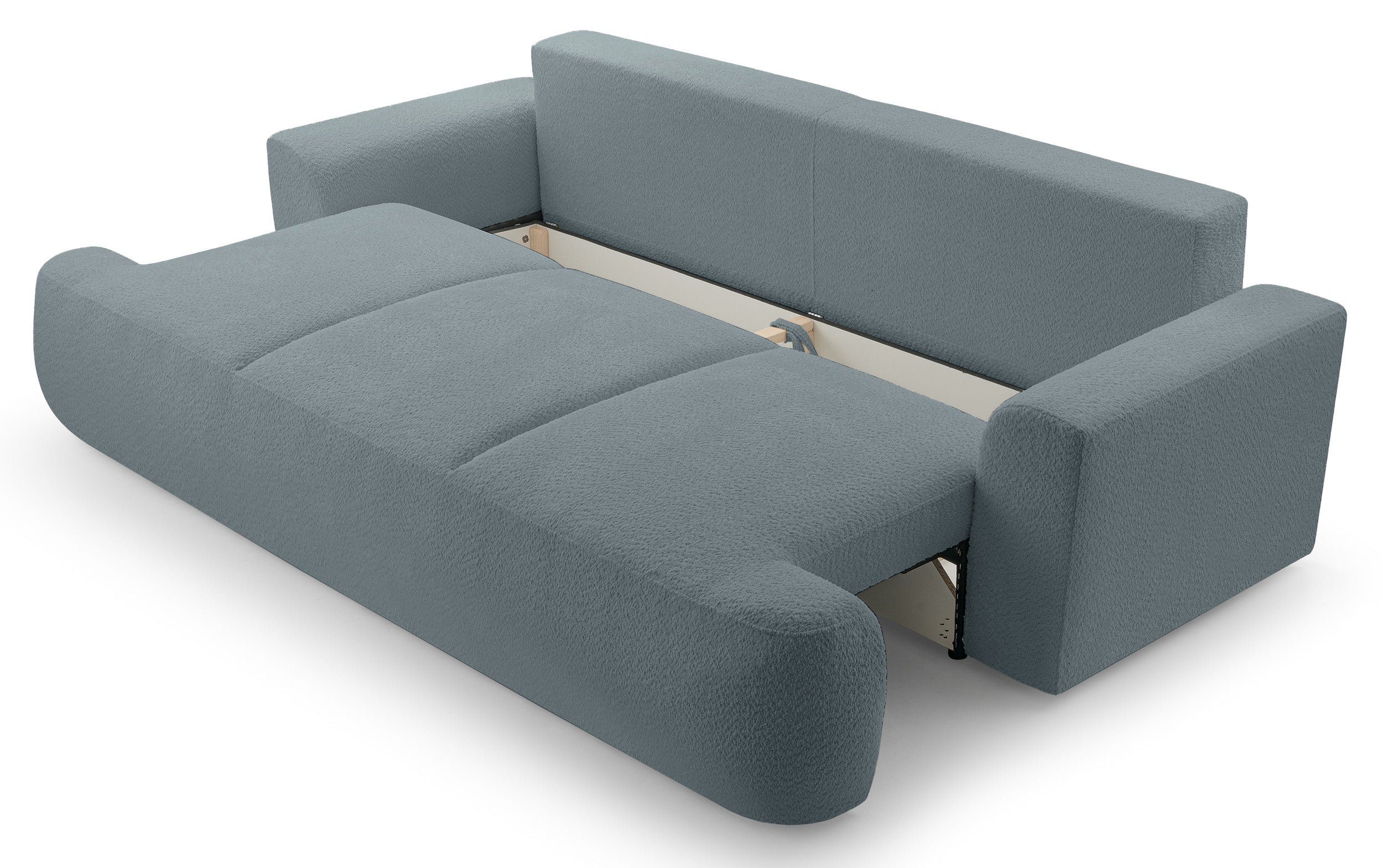 Dreisitziges, ausklappbares Sofa Barletto mit Stauraum, grauer Bouclé-Stoff