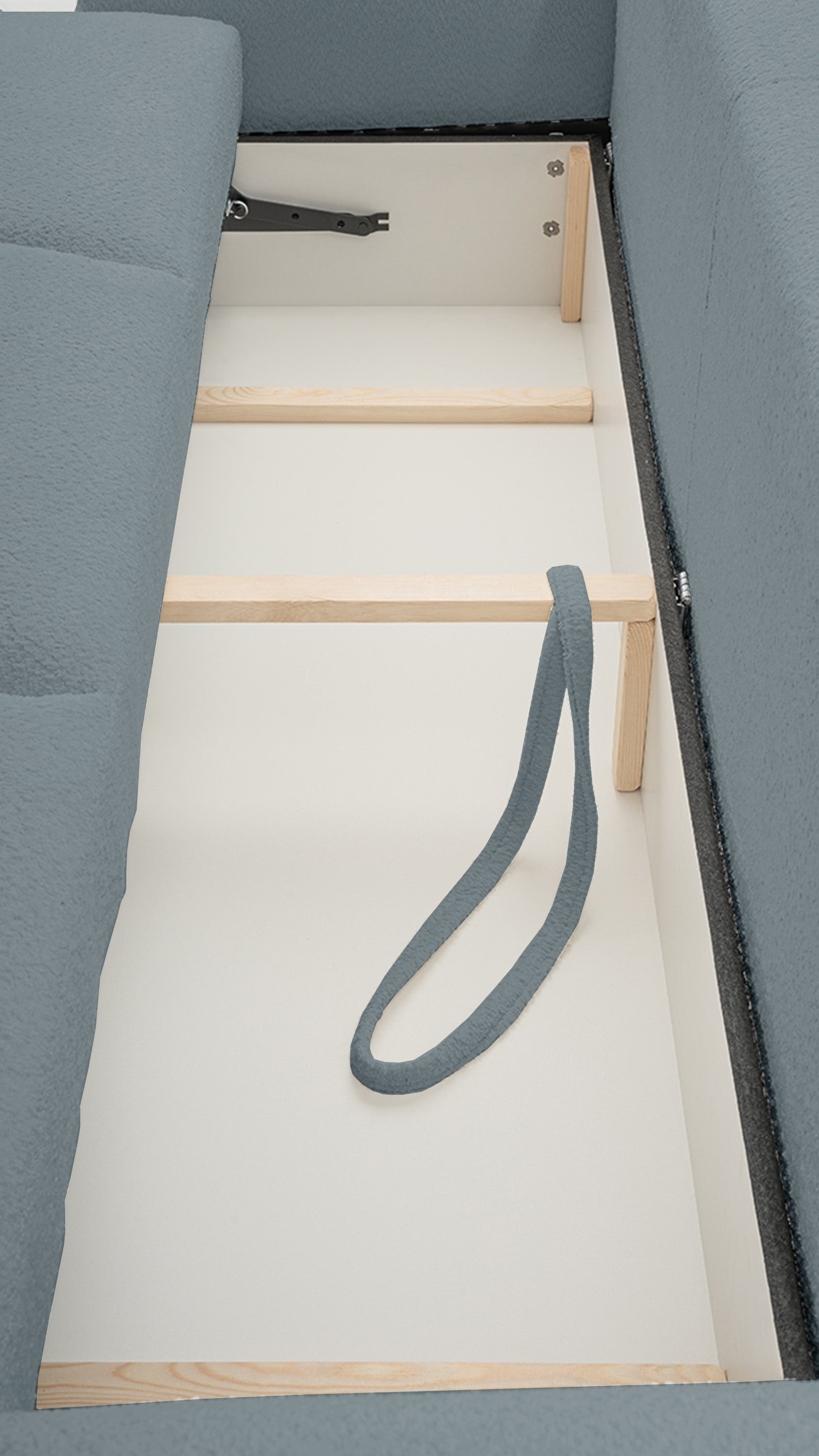Dreisitziges, ausklappbares Sofa Barletto mit Stauraum, grauer Bouclé-Stoff