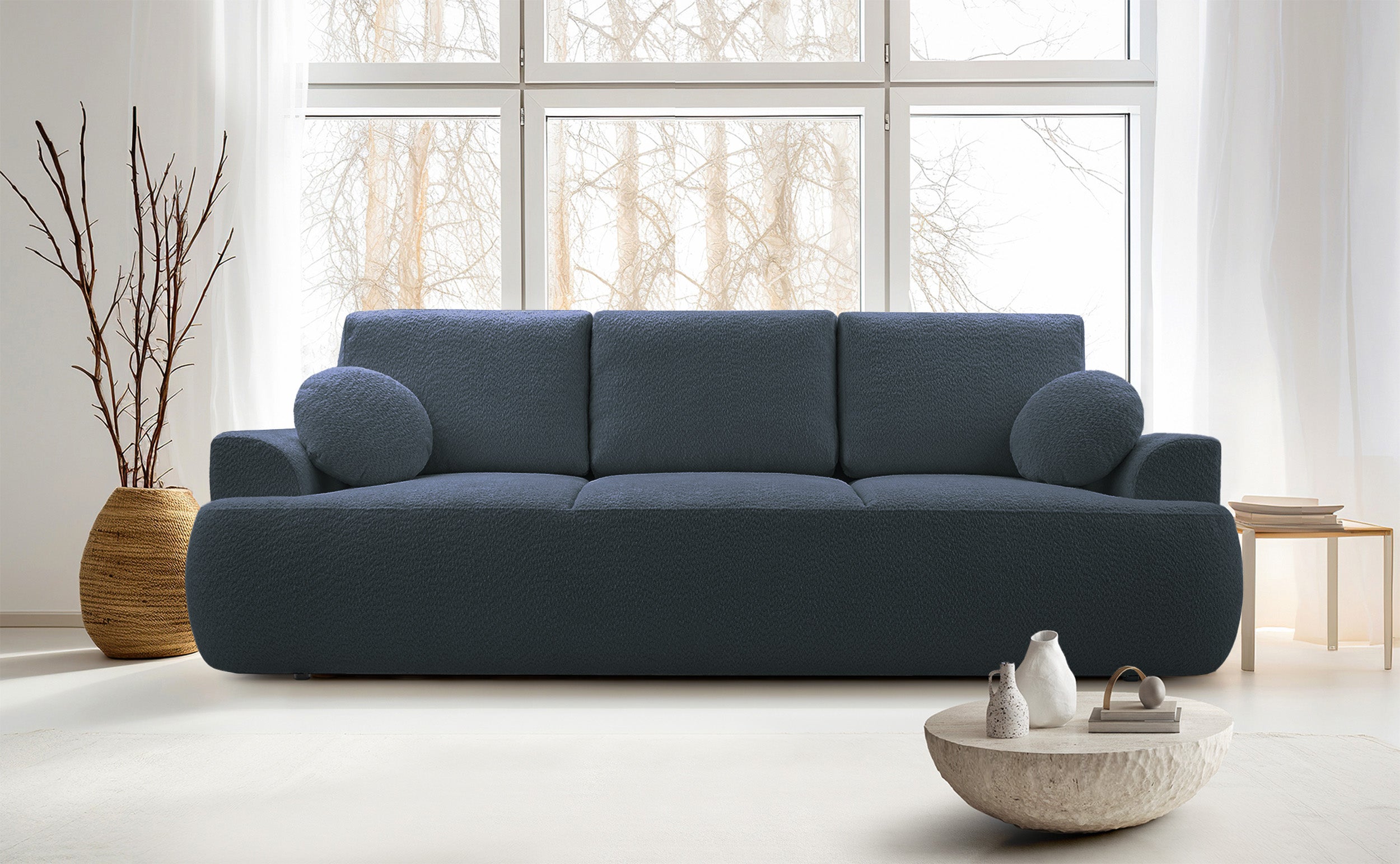 Dreisitziges Schlafsofa Barletto mit Stauraum, dunkelgrauer Bouclé-Stoff