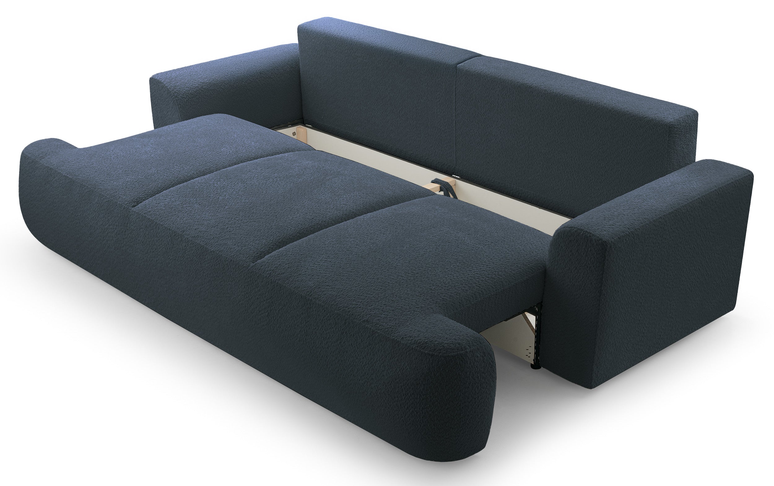 Dreisitziges Schlafsofa Barletto mit Stauraum, dunkelgrauer Bouclé-Stoff