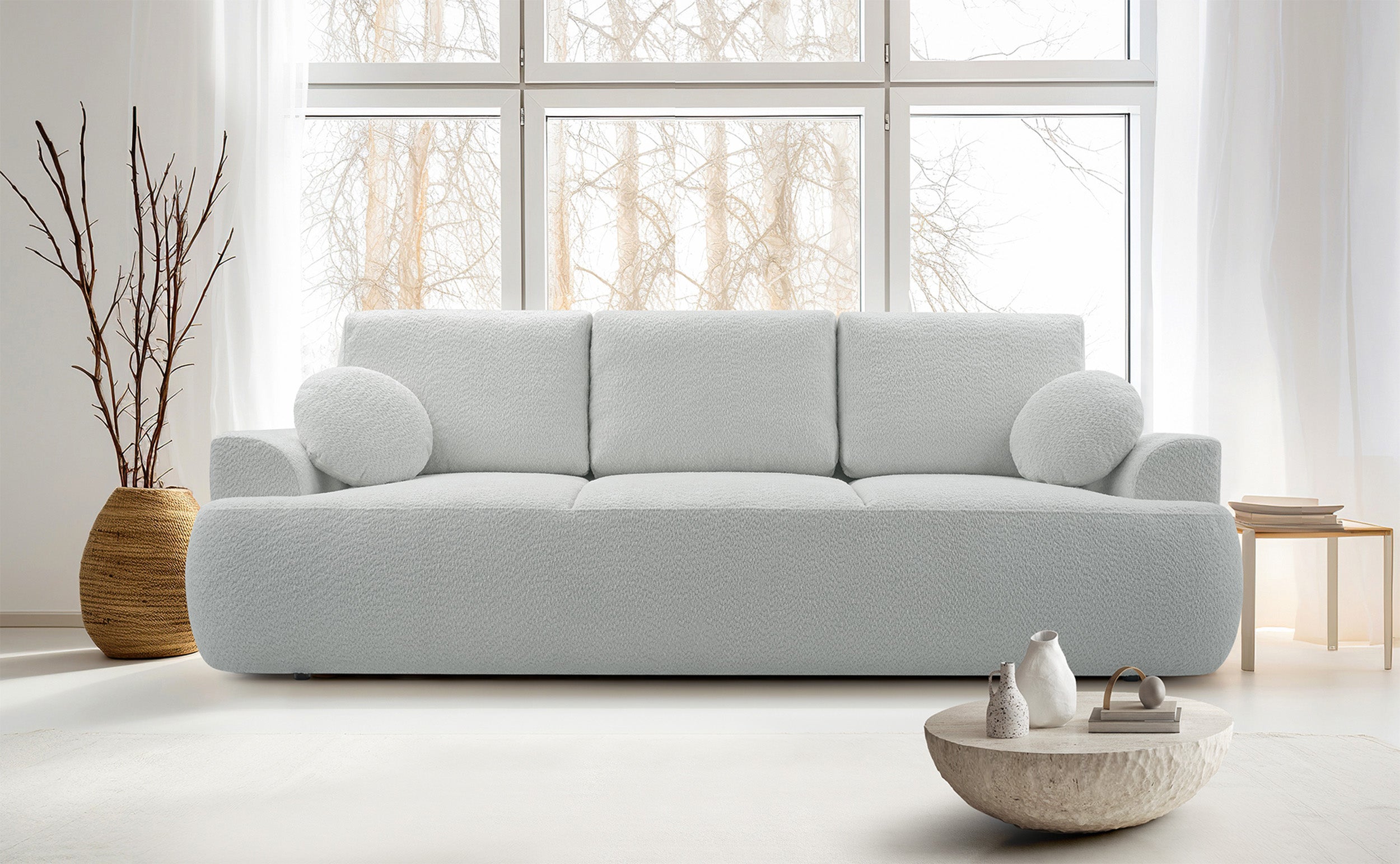Drei-Sitzer-Schlafsofa Barletto mit Stauraum, grau-beige Bouclé