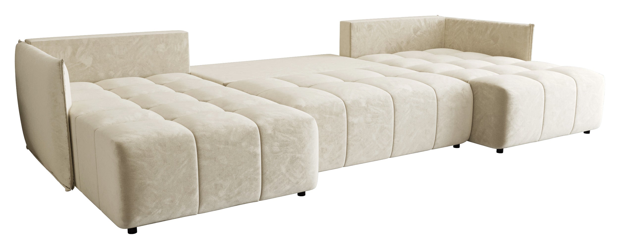 Ecksofa mit Schlaffunktion Belvento U-förmig universell mit Stauraum, cremefarbener wasserabweisender Samtvelours