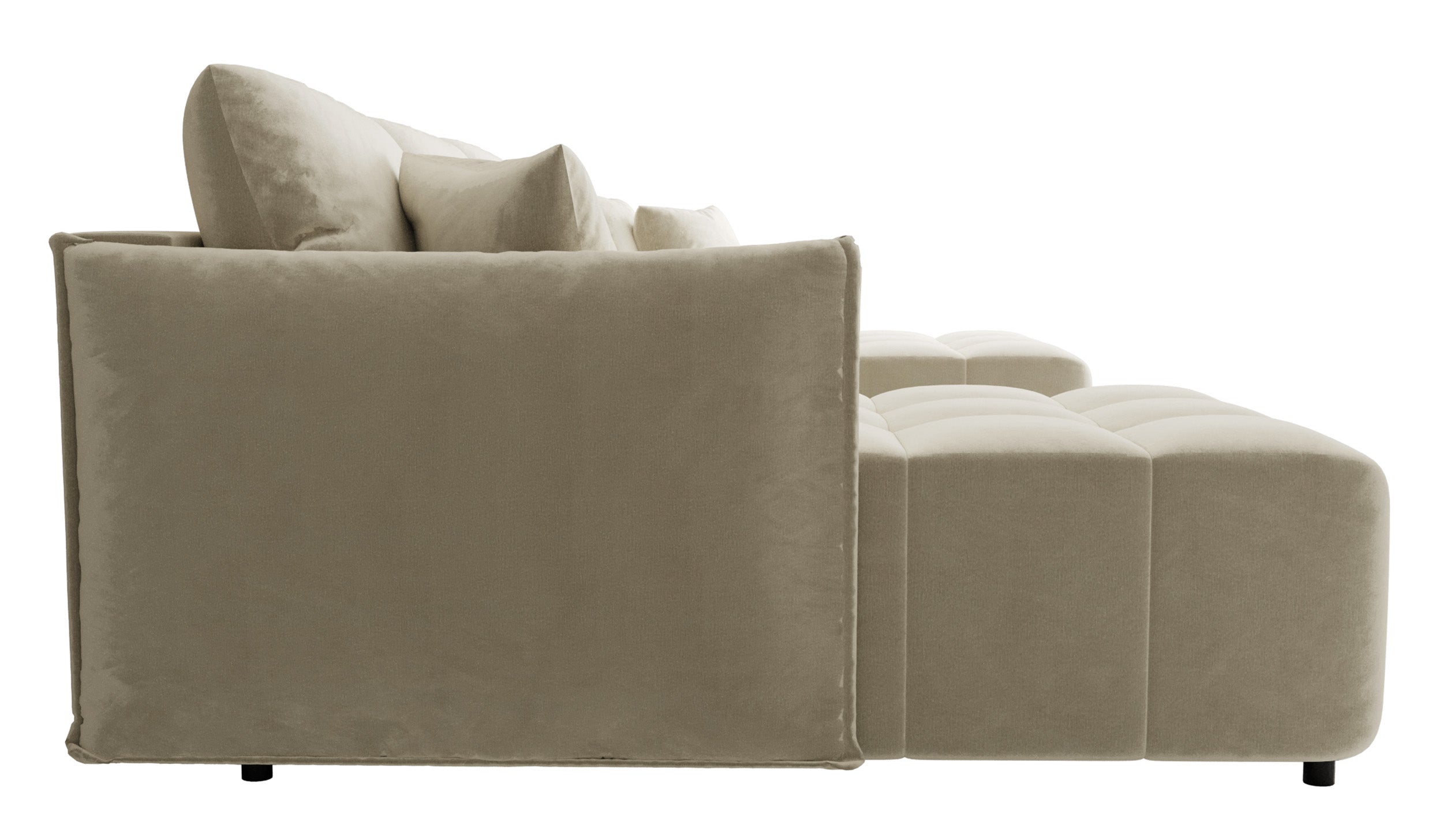 Ecksofa mit Schlaffunktion Belvento U-förmig universell mit Stauraum, cremefarbener wasserabweisender Samtvelours