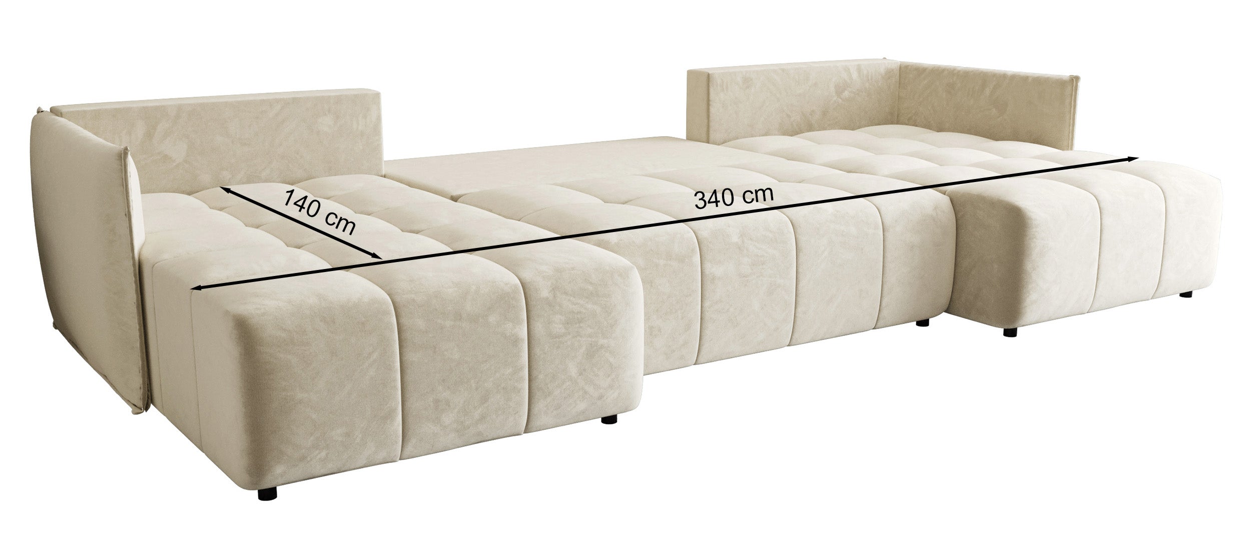 Ecksofa mit Schlaffunktion Belvento U-förmig universell mit Stauraum, cremefarbener wasserabweisender Samtvelours